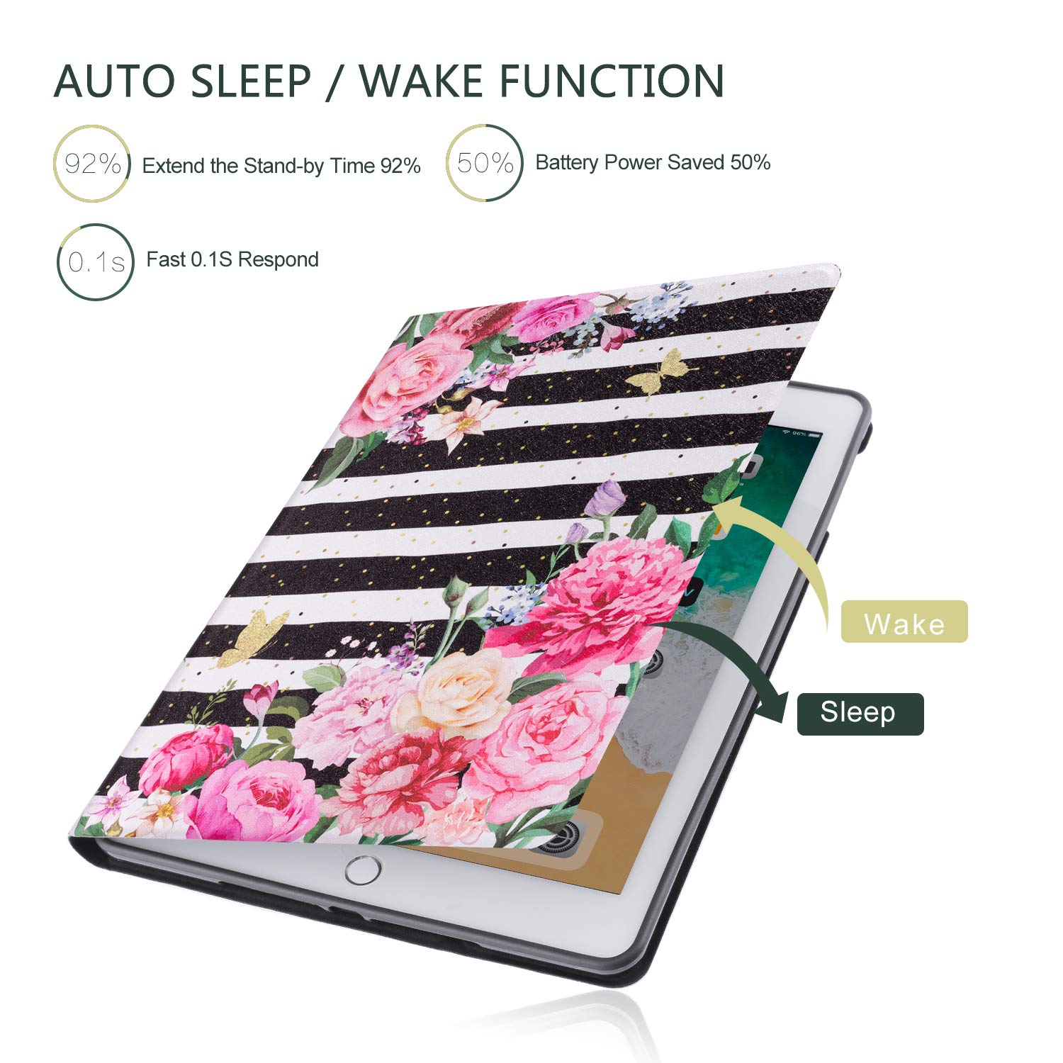 Premium Leather Folio Case for iPad Air 2 & iPad 6th/5th Gen (9.7 Inch) - Multi-Angle Stand, Black White Striped Flower Design - Perfect for Work, Travel & Home Use