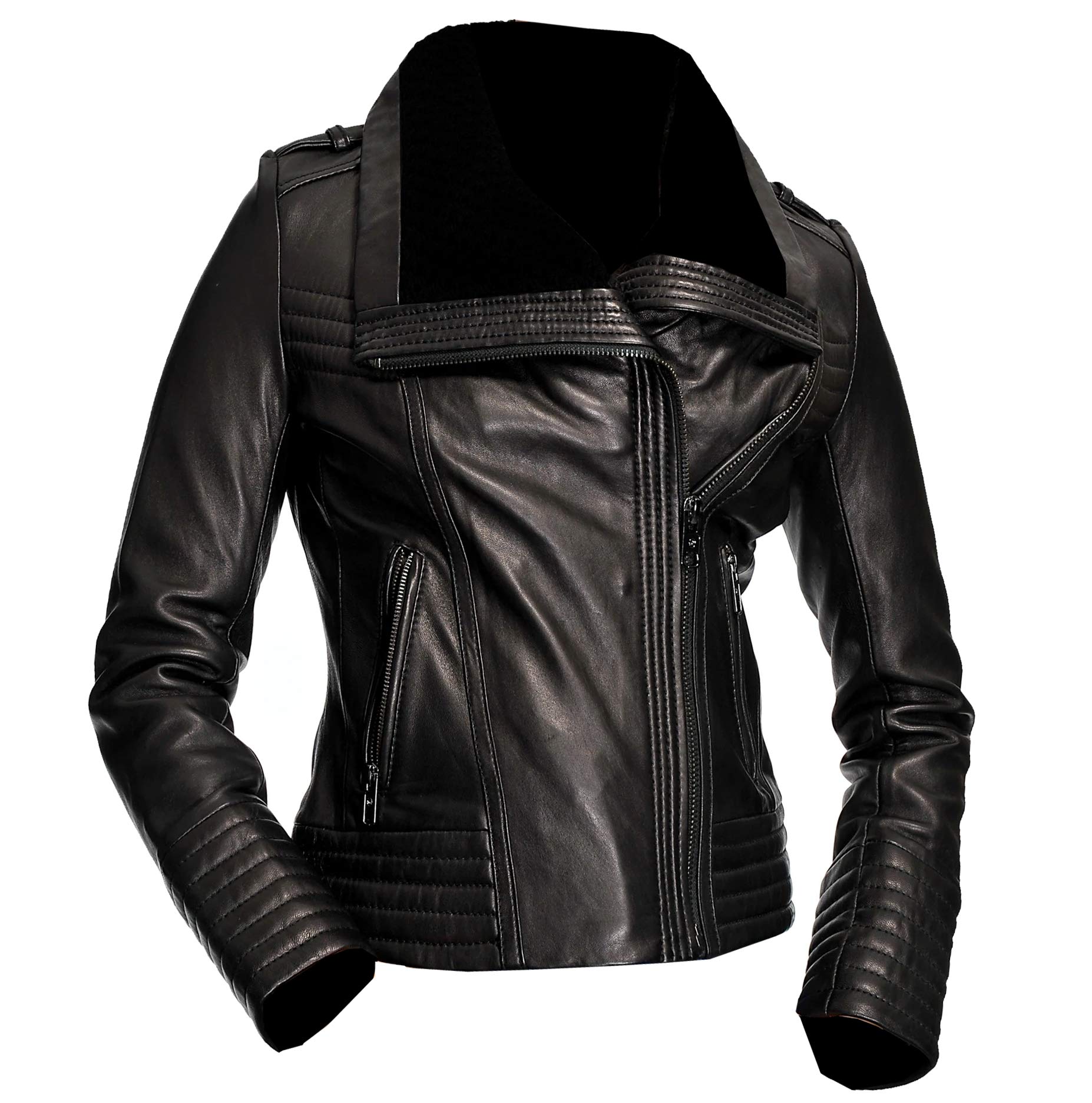 JUFAH Women's Fashion Motorcycle Jacket - Genuine Sheepskin Leather with Black Fur Lining, Quilted Designer Biker Jacket for Riding & Casual Wear