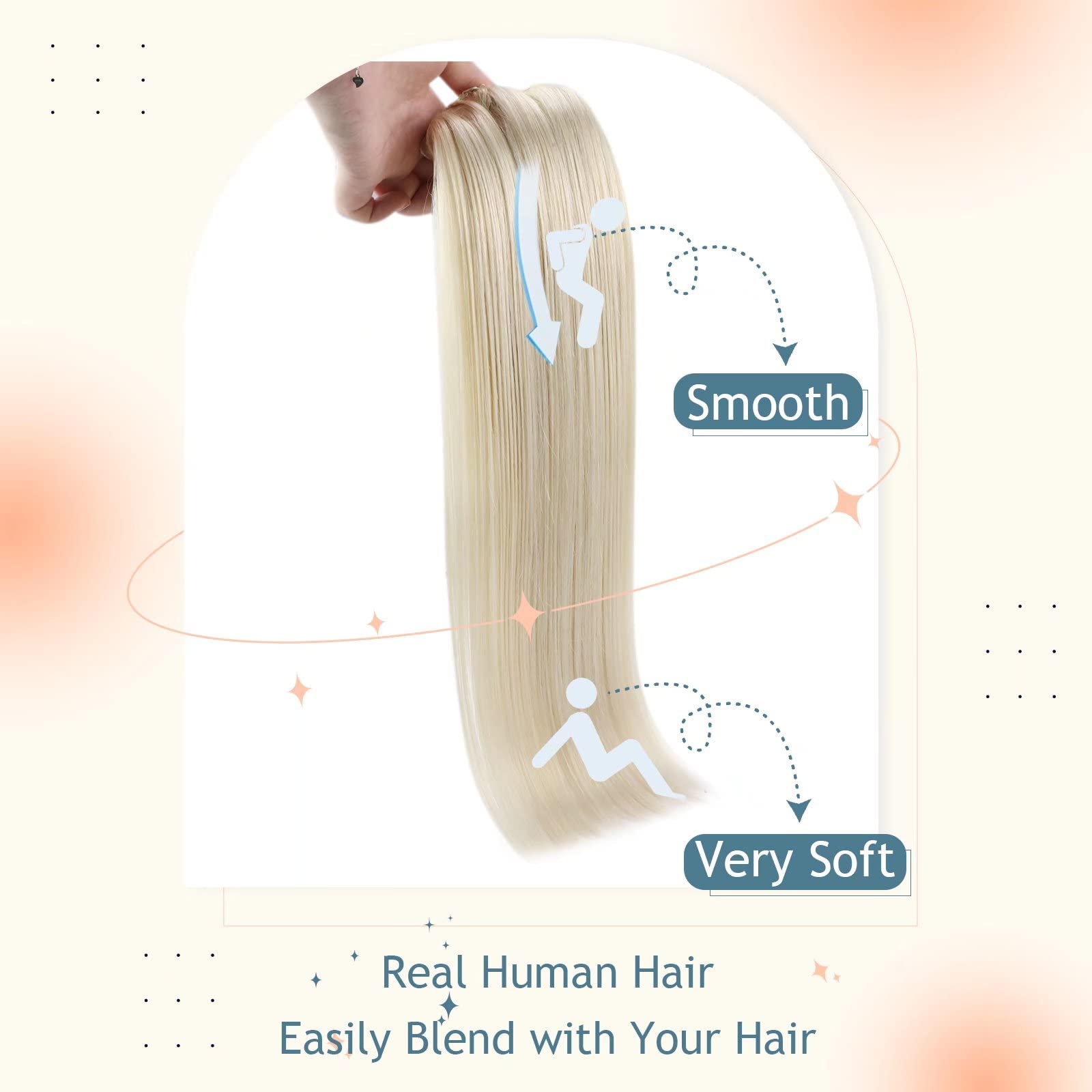 Sunny Fish Line Platinum Blonde Clip-in Hair Extensions #60 - 100g+120g Remy Human Hair, 20 Inch Straight Thick Blonde Extensions for Full Head | Perfect for Parties, Weddings & Daily Styling