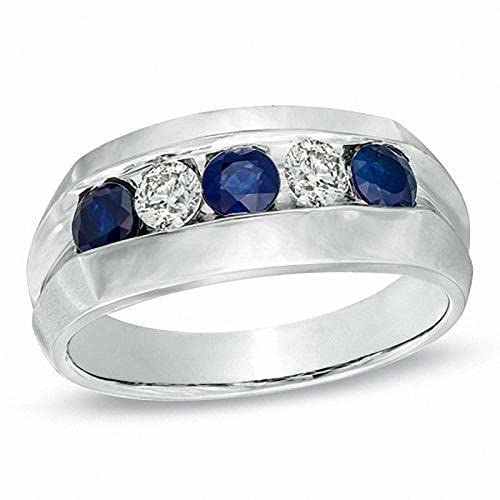 10K Solid White Gold Men's Round 5-Stone Diamond & Sapphire Wedding Band Ring (1/3 CTTW) - Perfect for Engagements, Anniversaries & Special Occasions