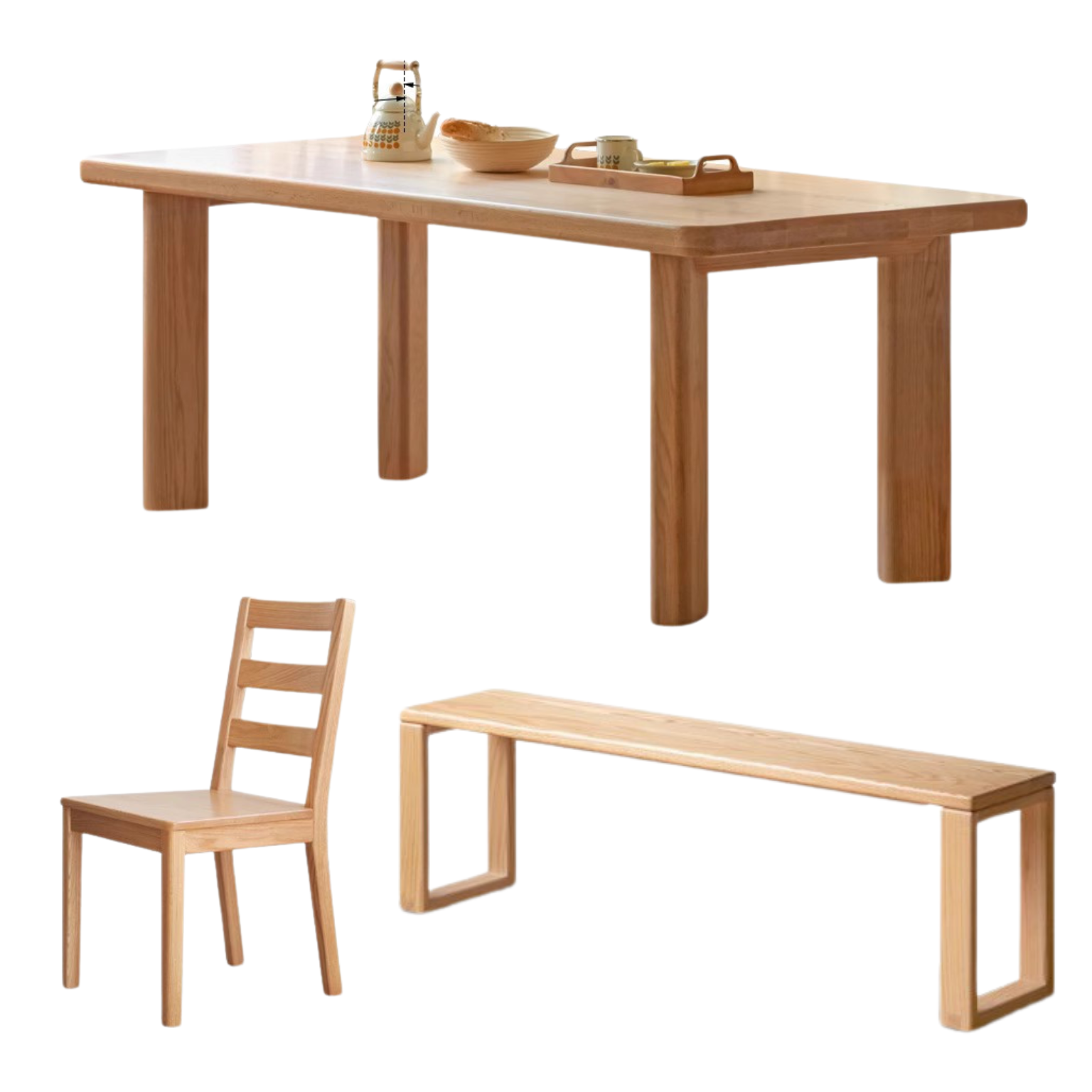 70.8x35.4x29.9 inch / 180x90x76 cm / Natural Wood Color / Dining table + 2 chairs + long bench