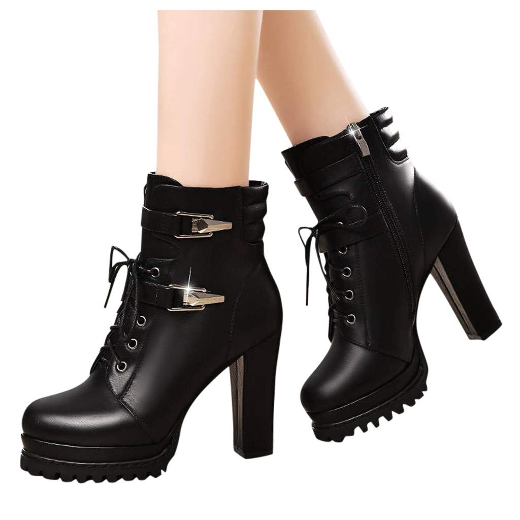 **Women's Black Ankle Boots Size 42 - Motorcycle Style with Thick Sole & Cross Strap Heel - Casual Short Boots for Girls & Women - Perfect for Riding, Streetwear & Everyday Fashion**
