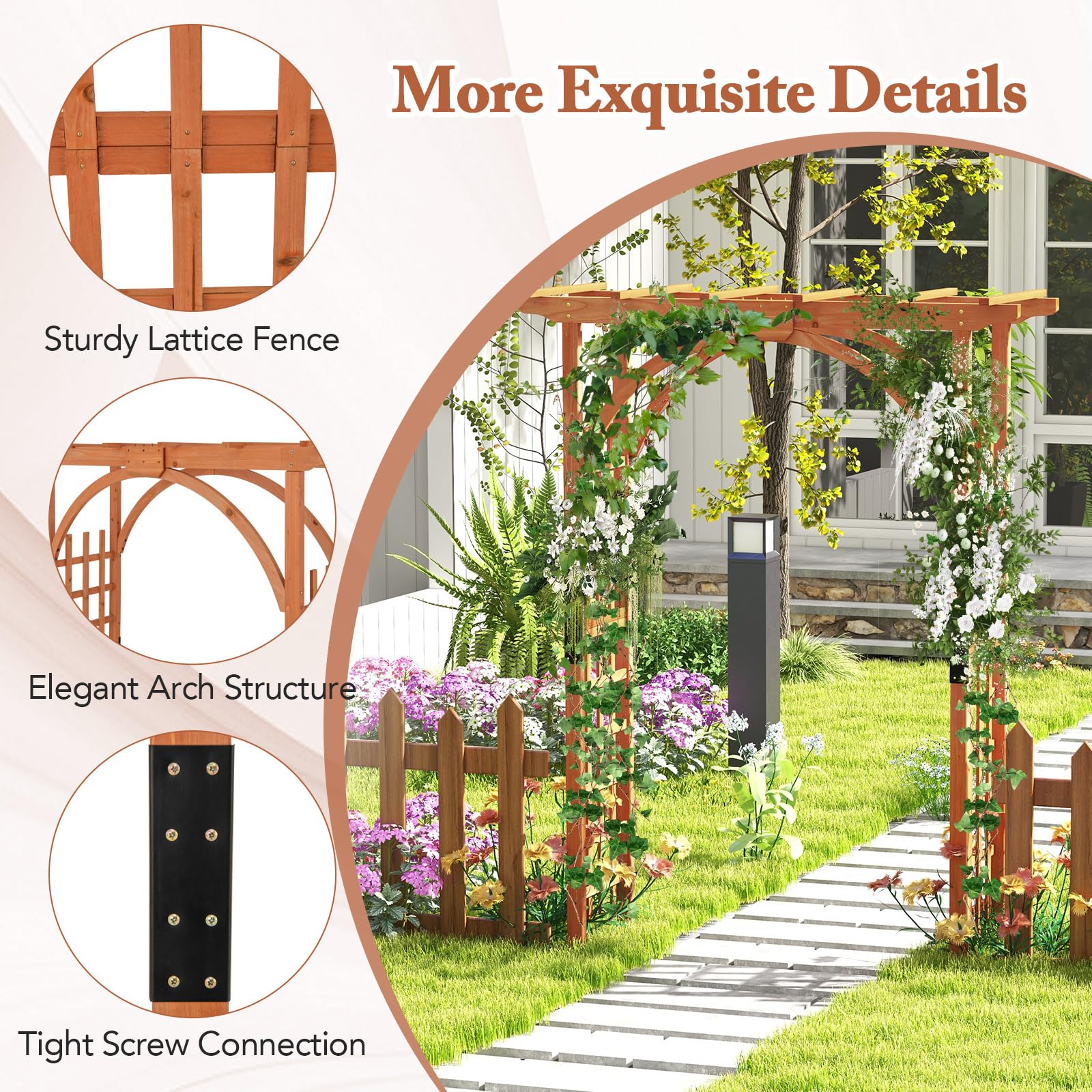 Happygrill 84 Inch Wooden Garden Arbor with Decorative Hanging Roof & Climbing Trellis - Outdoor Archway Pergola for Climbing Plants, Wedding Decorations, Lawn & Party Events - Perfect for Backyard, Patio and Garden Landscaping