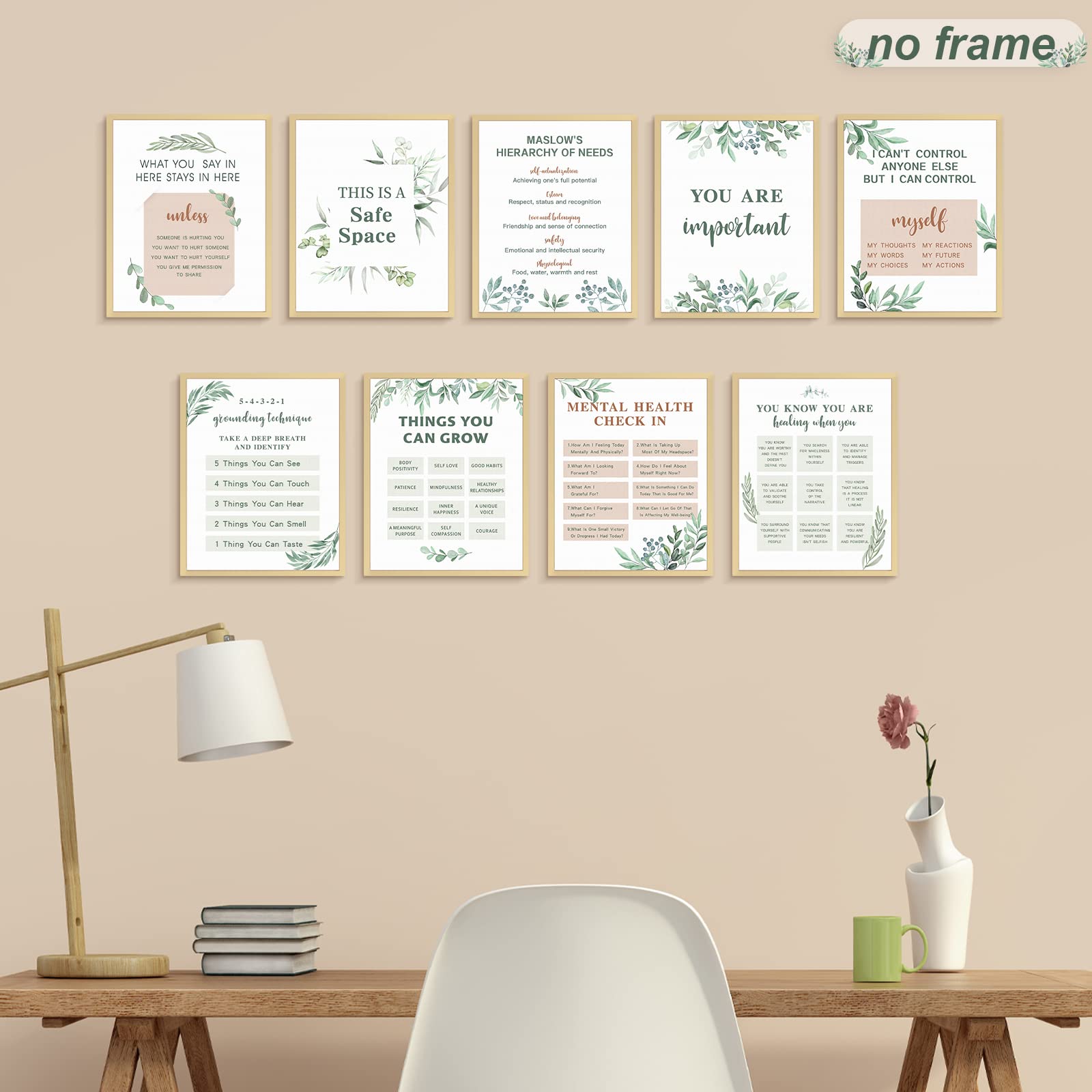 9-Piece Mental Health Posters Set - Anxiety Therapy & Motivational Wall Art for Psychologists, Counselors, Home & Office Decor - 8x10 Inch Inspirational Quote Posters (Leaf Design) - Perfect for Therapy Rooms, Classrooms, and Mental Wellness Spaces