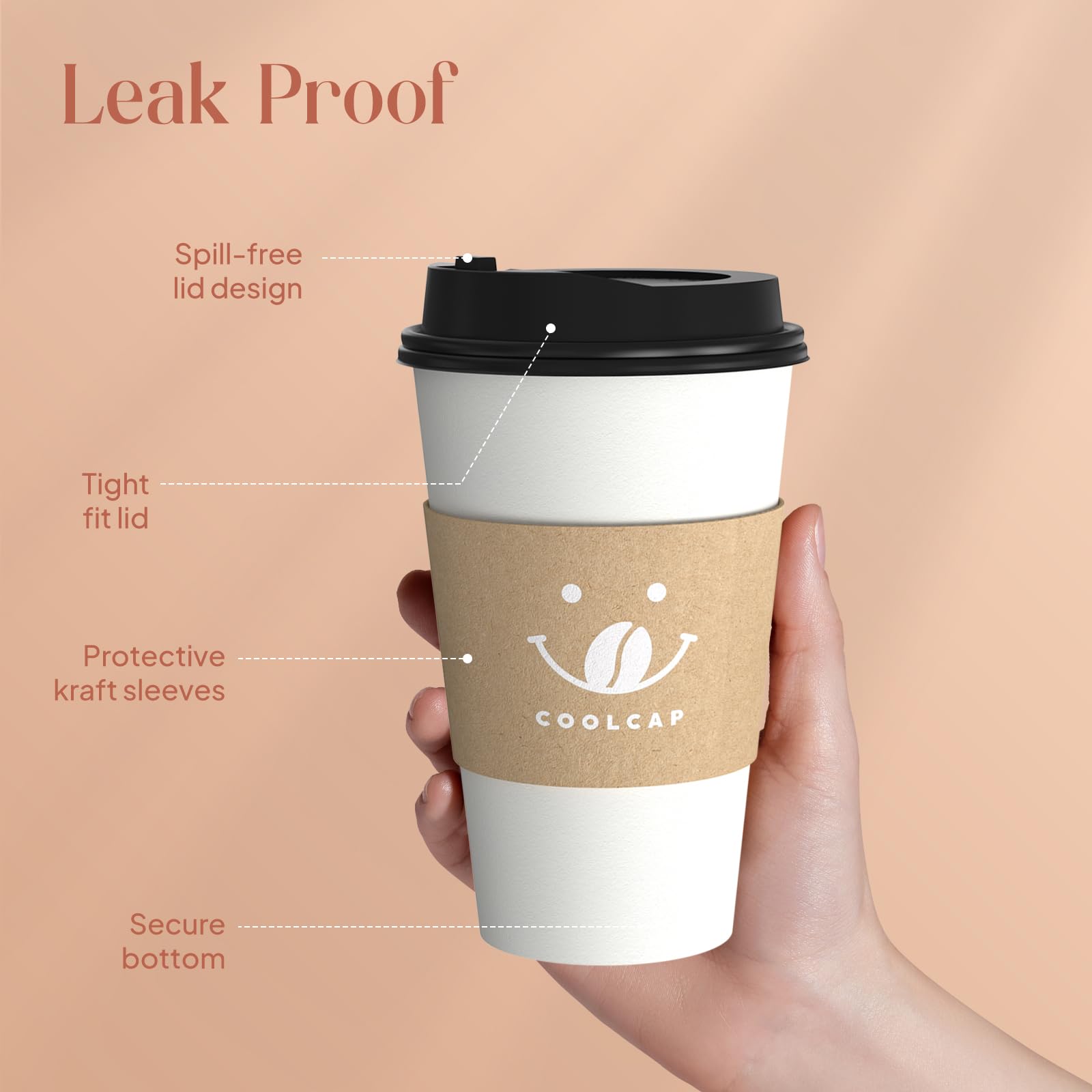 16oz Disposable Coffee Cups with Lids & Sleeves - 100 Pack Bulk White Paper Cups for Hot Beverages | Perfect for Coffee Shops, Offices & Takeout Services