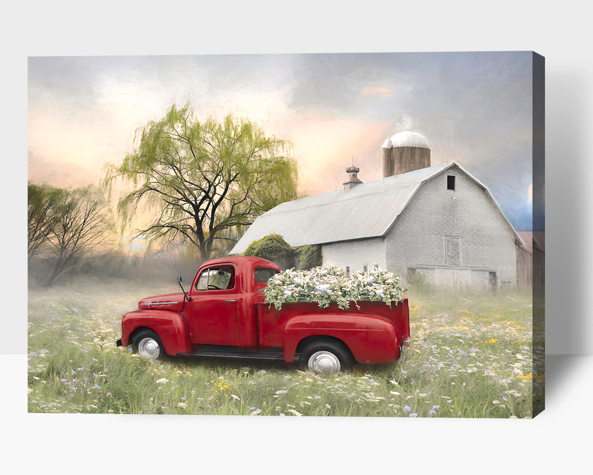 TIMUBA Red Truck Farmhouse Canvas Wall Art - Rustic Barn Sunset Painting Print 28x40 Inch - Perfect for Living Room & Bedroom Wall Decor | Country Home, Cabin & Office Decoration