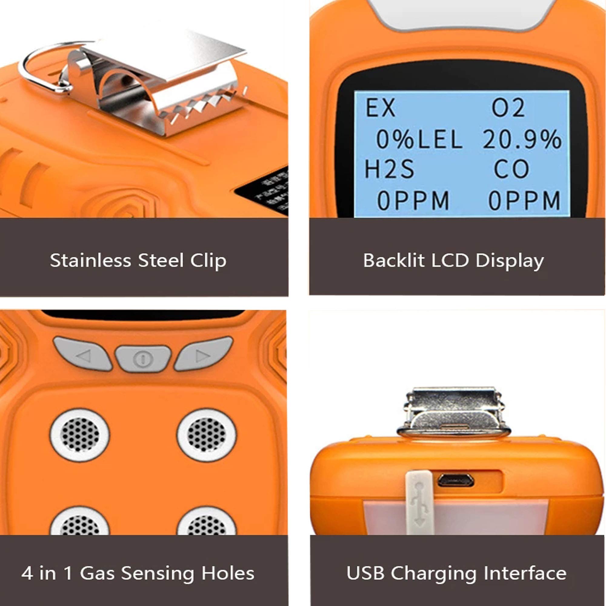 Portable 4-in-1 Combustible Gas Leak Detector - Rechargeable Natural Gas Tester with O2, CO, H2S & LEL Sensors - LCD Display Gas Analyzer for Home Safety & Industrial Use