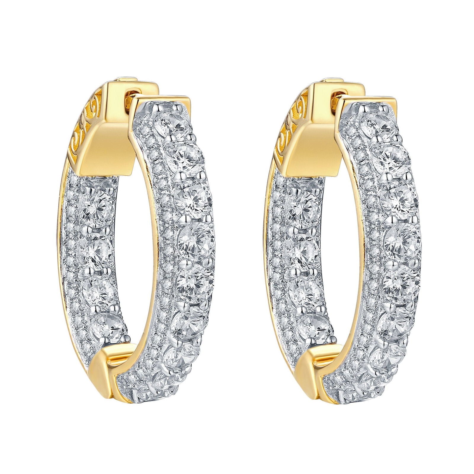 14K Yellow Gold Plated Hoop Earrings with Simulated Diamonds - Sterling Silver Jewelry for Women, Everyday Wear & Special Occasions