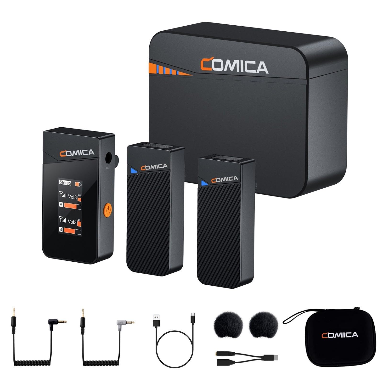COMICA Vimo C3 Wireless Lavalier Microphone System - Dual Transmitter & Receiver Lapel Mic for iPhone, Android, DSLR - Perfect for Interviews, Live Streaming, YouTube Vlogging - Includes Charging Case for Smartphone & Camera - Ideal for Podcasting, TikTok Videos, and Professional Recording