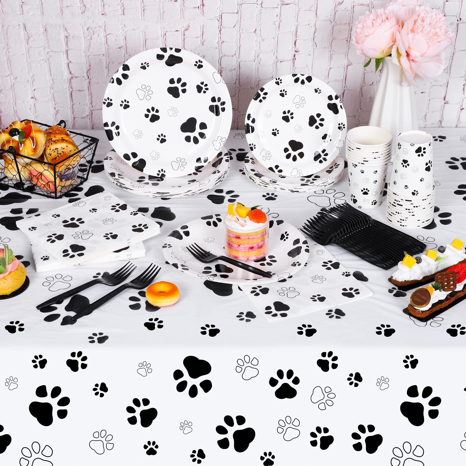 121-Piece Black Paw Print Dog Birthday Party Supplies Set - Tablecloth, Plates, Napkins, Forks & Paper Cups for Puppy Theme Decorations | Perfect for Dog Birthday Parties, Pet Adoption Events & Animal Shelter Fundraisers