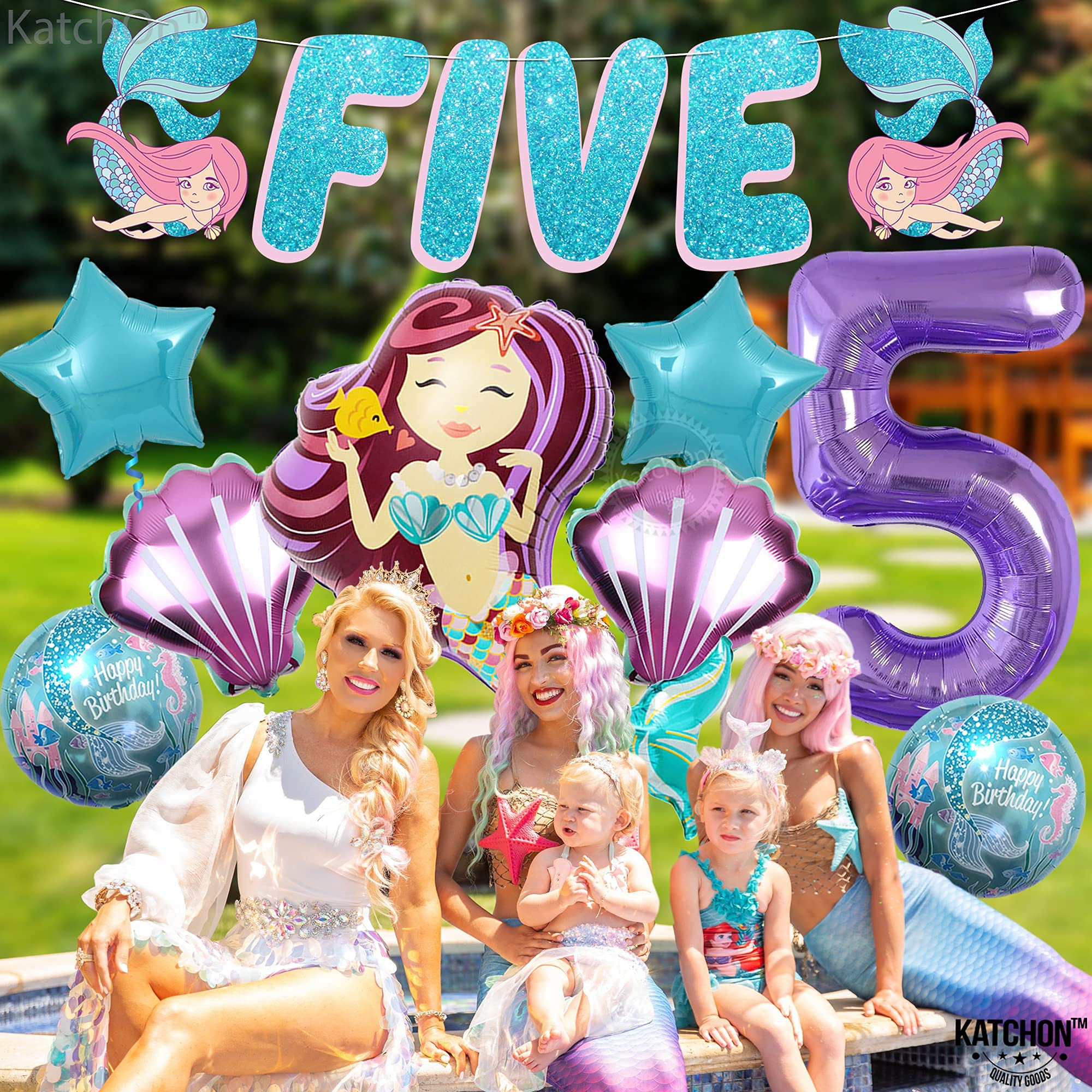 Shiny Mermaid 5th Birthday Party Decorations for Girls - Pack of 9 Including Balloons & Banner | Mermaid Themed Party Supplies for Kids Birthday | Perfect for Underwater, Ocean or Princess Themed Parties