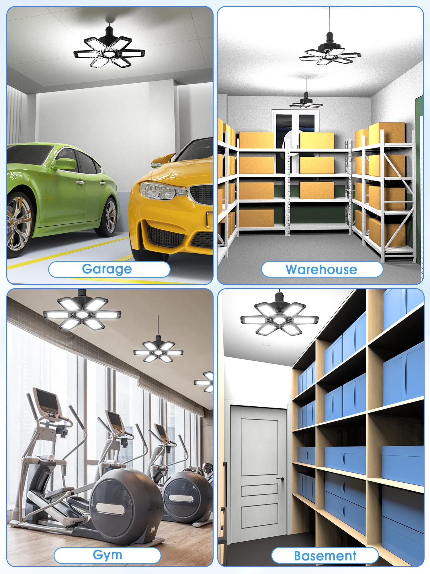 6 Pack LED Garage Lights - 180W 18000LM Deformable Panel Ceiling Lighting, 6500K Daylight White Shop Lights with E26/E27 Socket - Perfect for Workshop, Barn, Basement, Gym & Warehouse Lighting Solutions