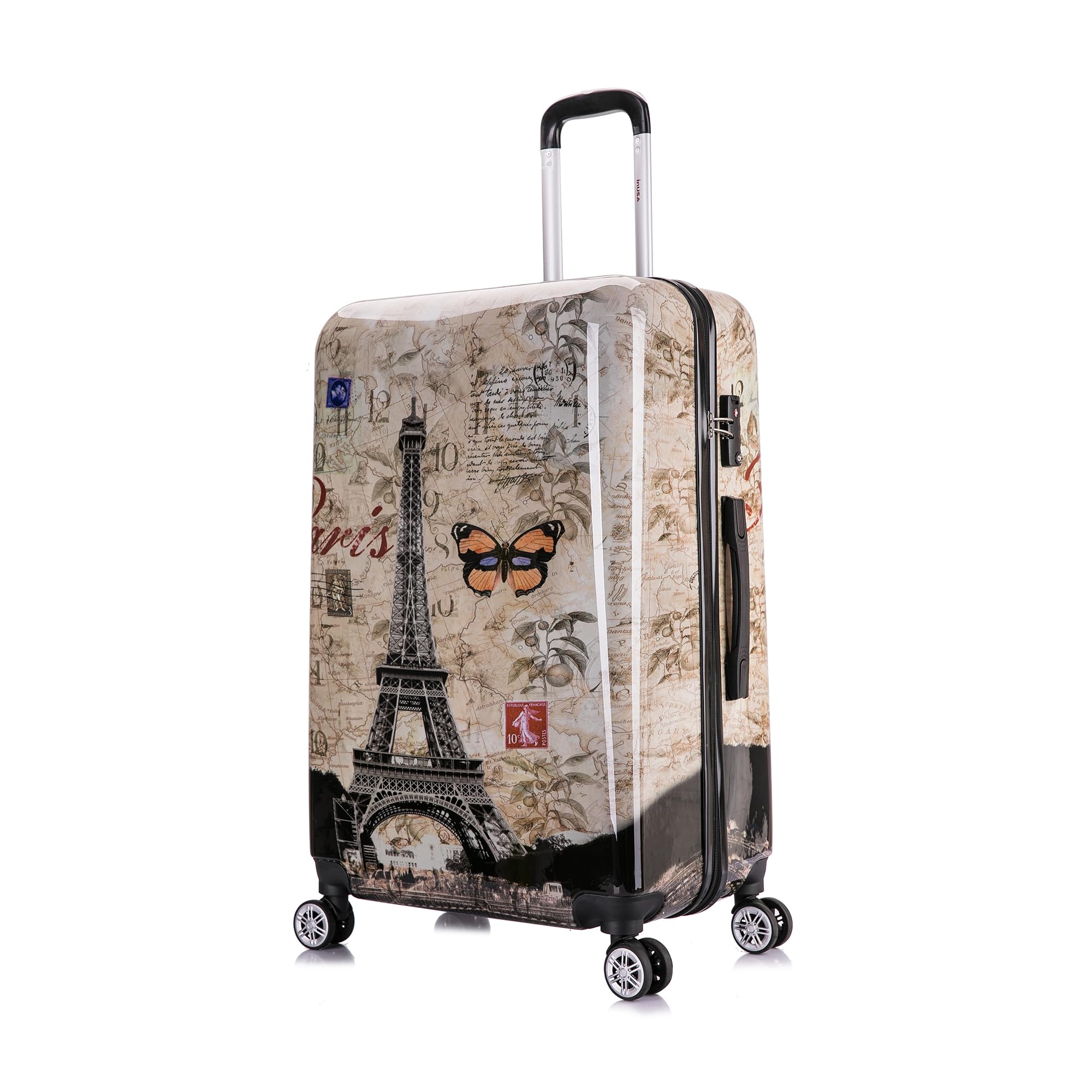 InUSA Paris Print Spinner Luggage - 28 Inch Durable Lightweight Hardside Suitcase with Trolley Handle - Large Checked Travel Bag for Vacation, Business Trips & Airplane Travel