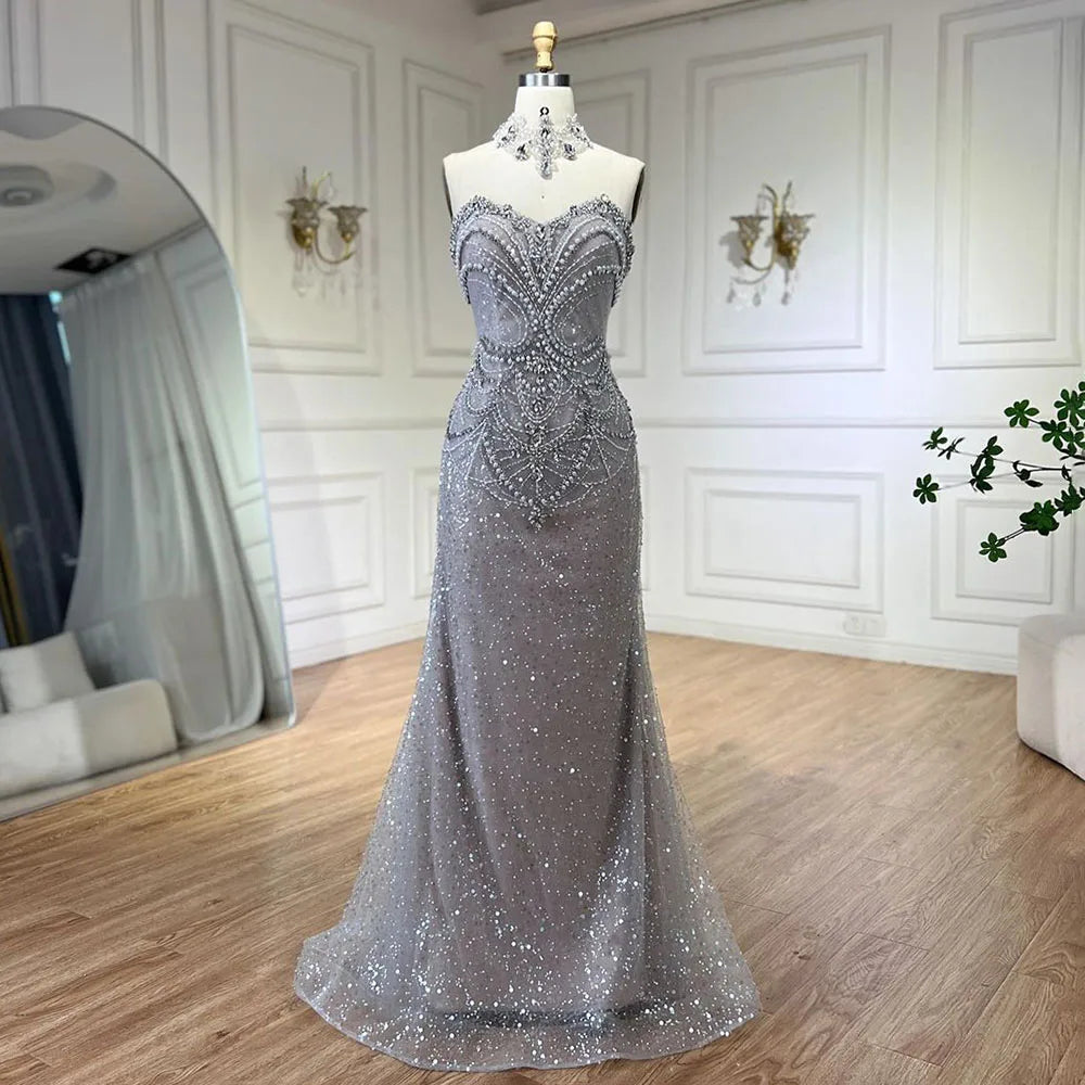 Elegant Arabic Silver Mermaid Evening Gown with Beaded Pearls & Crystal Embellishments for Women - Perfect for Parties, Prom, and Special Occasions in 2025