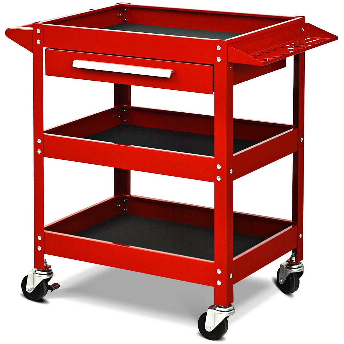 3-Tier Red Rolling Tool Cart with Drawers - Heavy Duty Steel Mechanic Toolbox Organizer for Garage, Workshop & Warehouse | Multi-Storage Space, Drawer Plug | Perfect for DIY Projects & Professional Use