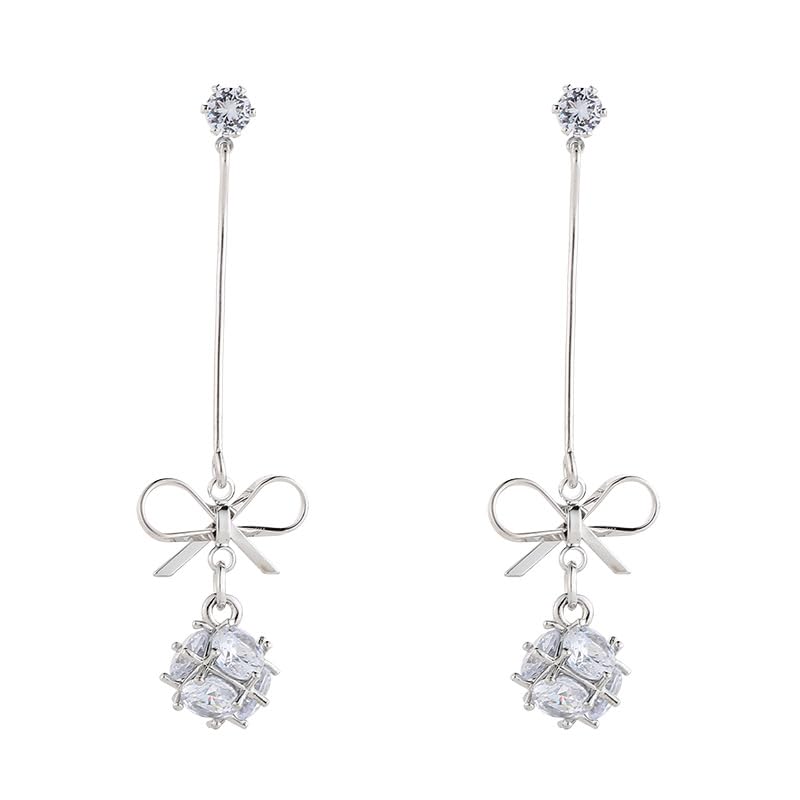 925 Sterling Silver Long Bow Zircon Dangle Earrings for Women - Elegant Drop Hook Earrings (57mm) | Perfect for Parties, Weddings & Everyday Wear