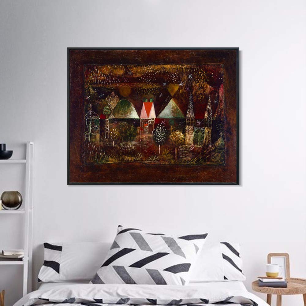 INVIN ART Framed Canvas Giclee Print - Night Feast by Paul Klee - Premium Wall Art for Living Room & Home Office Decor (20x24 Inches, Black Slim Frame) - Perfect for Modern Interior Design & Gift Giving