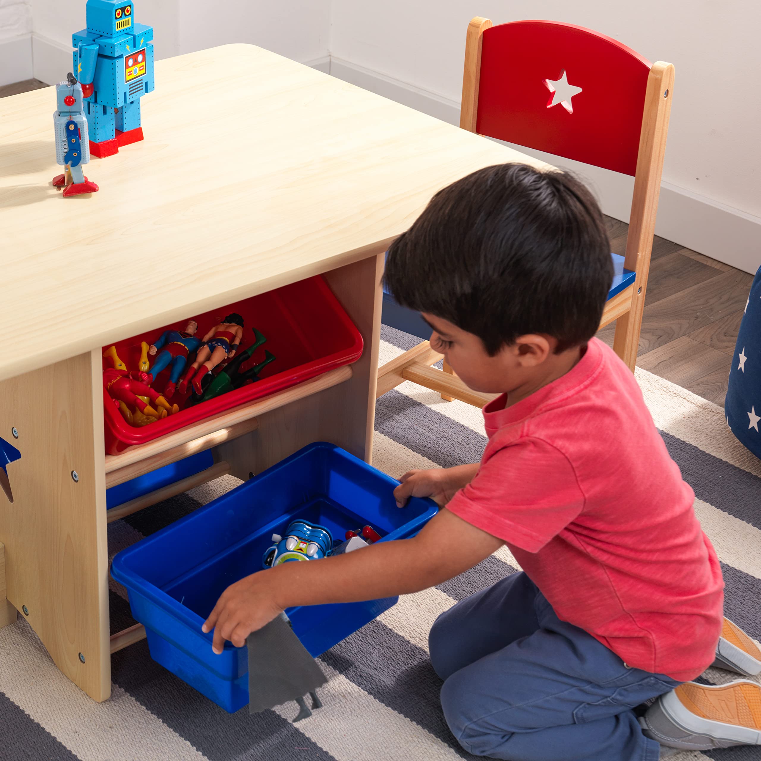 KidKraft Wooden Star Table & Chair Set with 4 Storage Bins - Kids Study Desk & Play Table for Toddlers, Red, Blue & Natural - Perfect for Preschool Learning, Arts & Crafts, and Playroom Activities