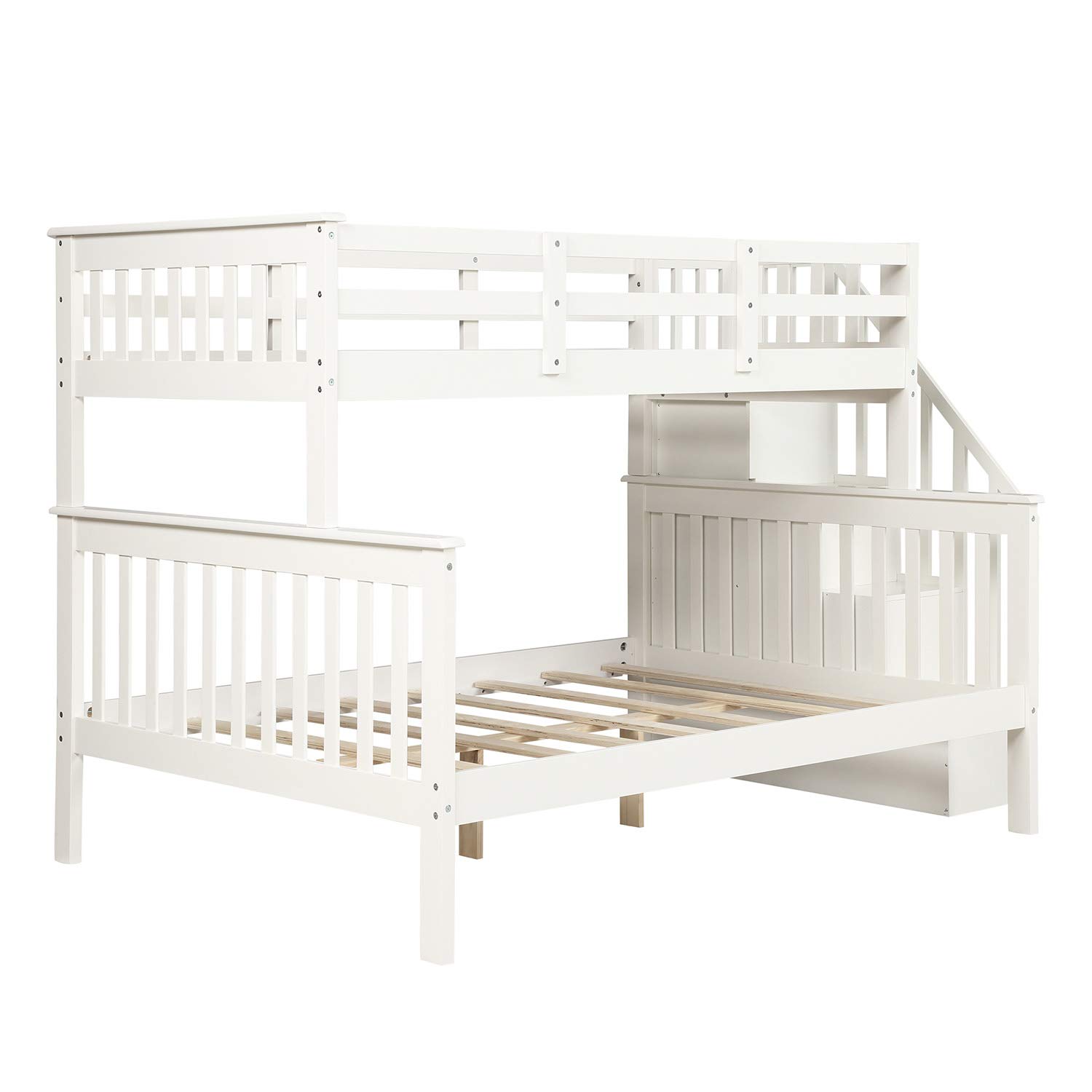 Twin Over Full Bunk Bed with Stairway & Guard Rail - Solid Wood Bunk Bed Frame with Storage Shelves, Converts to Separate Twin & Full Beds (White) - Perfect for Kids Bedroom, Dorm Room & Space-Saving Home Furniture