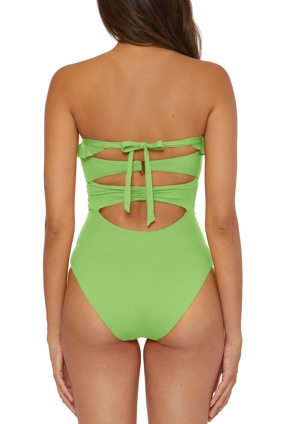 Women's One Piece Bandeau Swimsuit with Cut Out Neckline & Gold Rings - Removable Cups, Medium, Matcha Green | Sexy Swimwear for Beach, Pool & Vacation