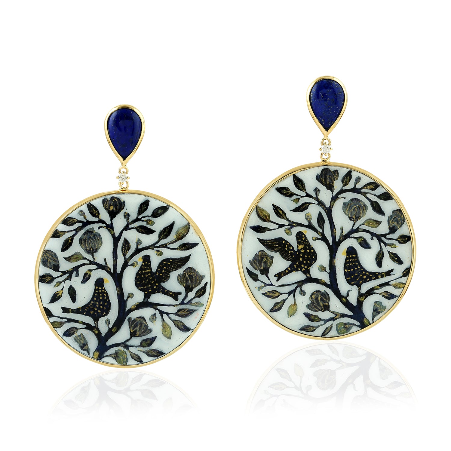 18K Yellow Gold Bezel Set Lapis Lazuli Prong Diamond Picture Bakelite Dangle Earrings - Elegant Vintage Jewelry for Weddings & Special Occasions
