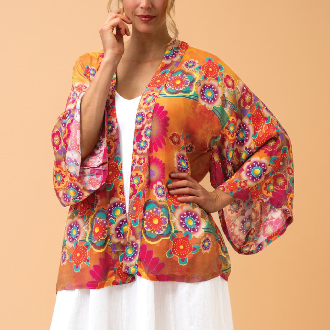 Golden Cranes Kimono Jacket for Women - Japanese Floral Embroidered Lightweight Robe - Perfect for Yoga, Loungewear & Boho Fashion