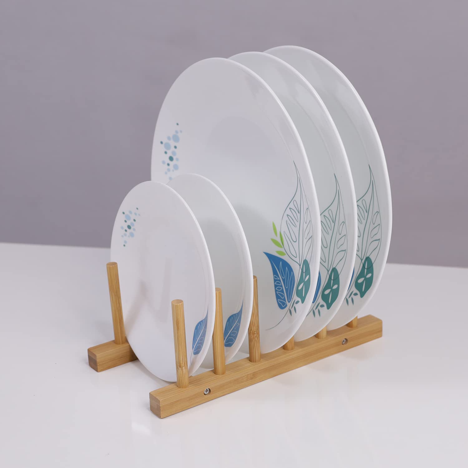 HOKIPO Bamboo Wooden Plate Stand Rack - Kitchen Cabinet Organizer, Dish Drying Rack & Dinner Plate Holder for Storage (Set of 2) - Perfect for Pantry, Dining Room, and Small Space Organization