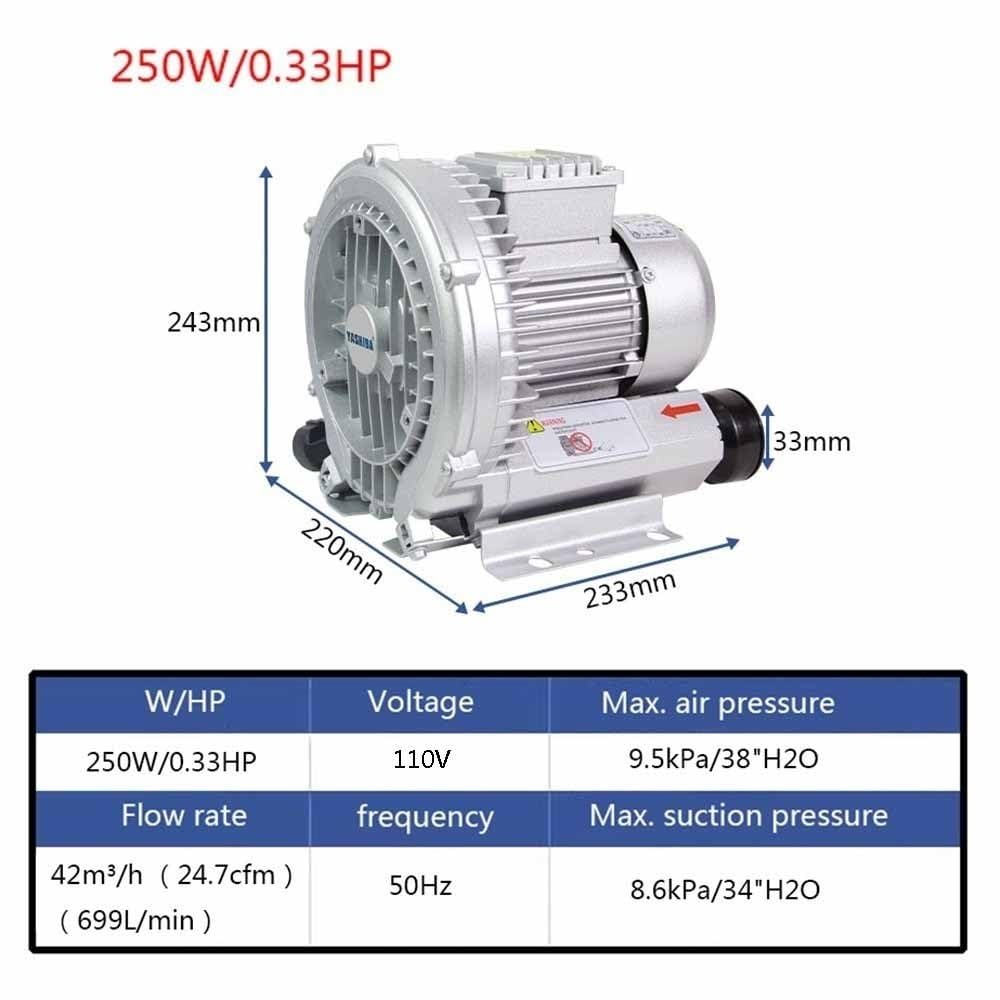 110V 50Hz High-Pressure Regenerative Vortex Blower - 0.33HP to 0.74HP Industrial Vacuum Pump for Air Blowing & Suction | Perfect for HVAC Systems, Aquariums, and Industrial Applications (250W/0.33HP Model)