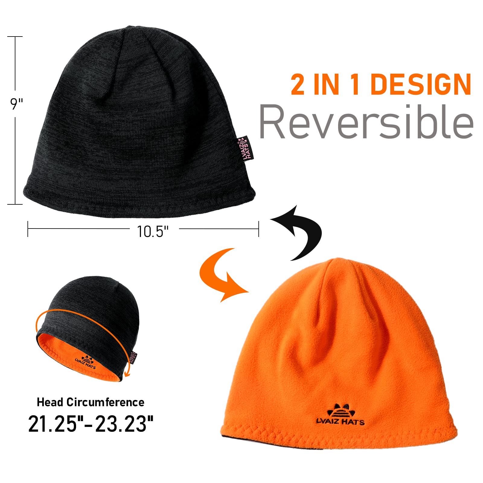 Winter Fleece Lined Knitted Beanie Hats for Men & Women - Reversible Windproof Watch Cap, Warm Skull Cap for Cold Weather - Perfect for Skiing, Snowboarding & Outdoor Activities