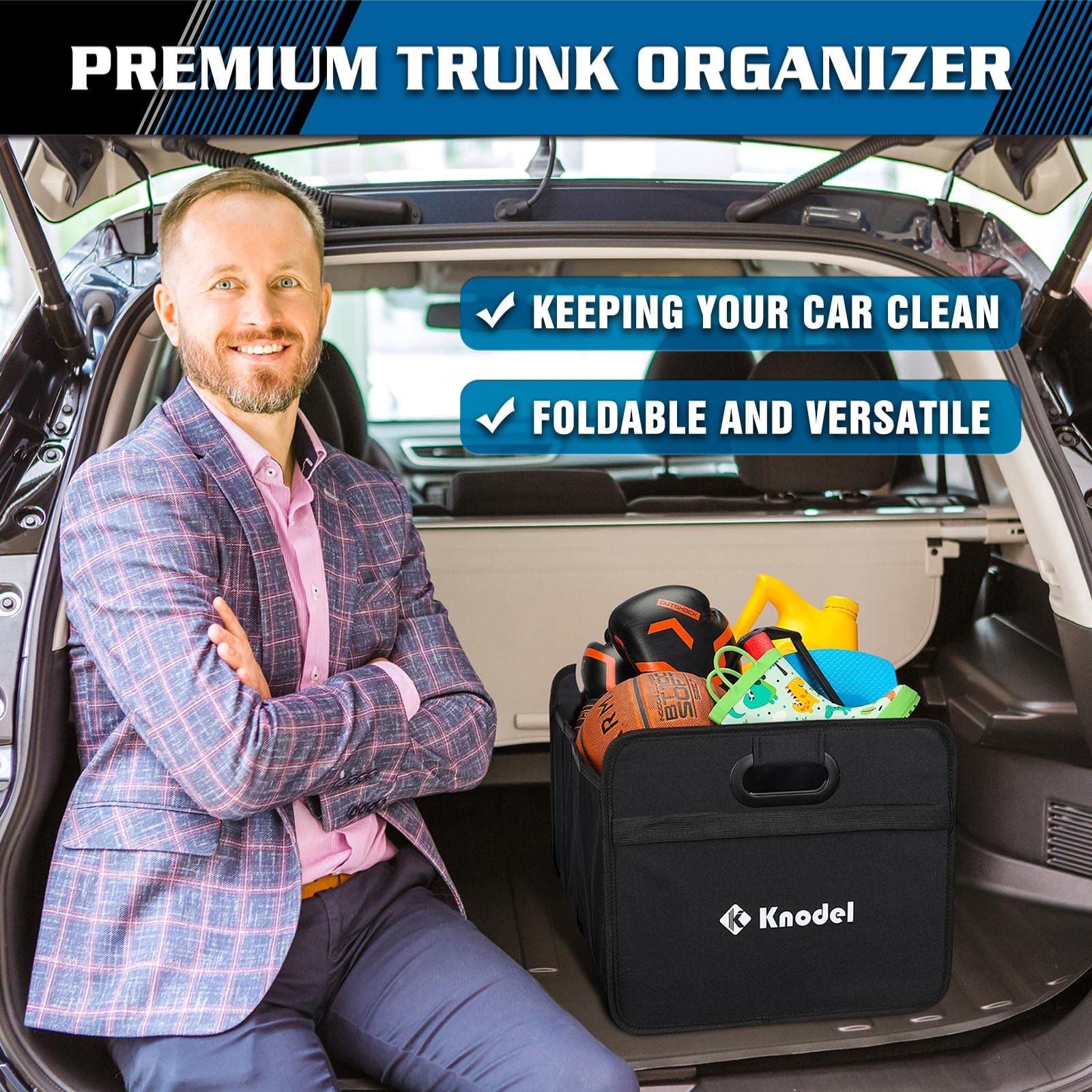 Foldable Car Trunk Organizer with Reinforced Handles - K KNODEL Automotive Storage Organizer for SUV, Sedan & Truck (Medium, Black) | Perfect for Road Trips, Grocery Shopping & Sports Equipment Storage