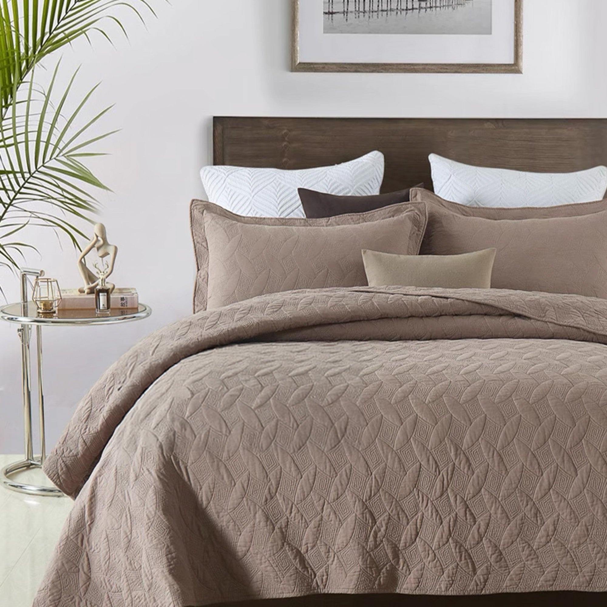 Leaf Pattern Quilt Set Queen Size - Botanical Bedding Collection 100% Cotton - Perfect for Cozy Bedrooms, Guest Rooms & Farmhouse Decor