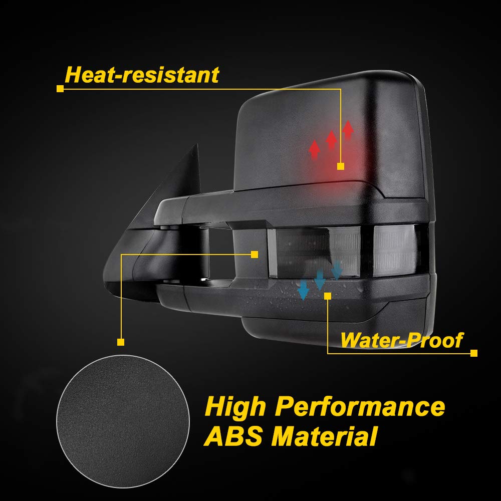 CCiyu Black Towing Mirrors LH Left & RH Right for 1999-2002 Chevy Silverado & GMC Sierra 1500/2500 - Power Adjustable Heated LED Turn Signal Mirrors | Perfect for Towing, Off-Roading & Enhanced Visibility