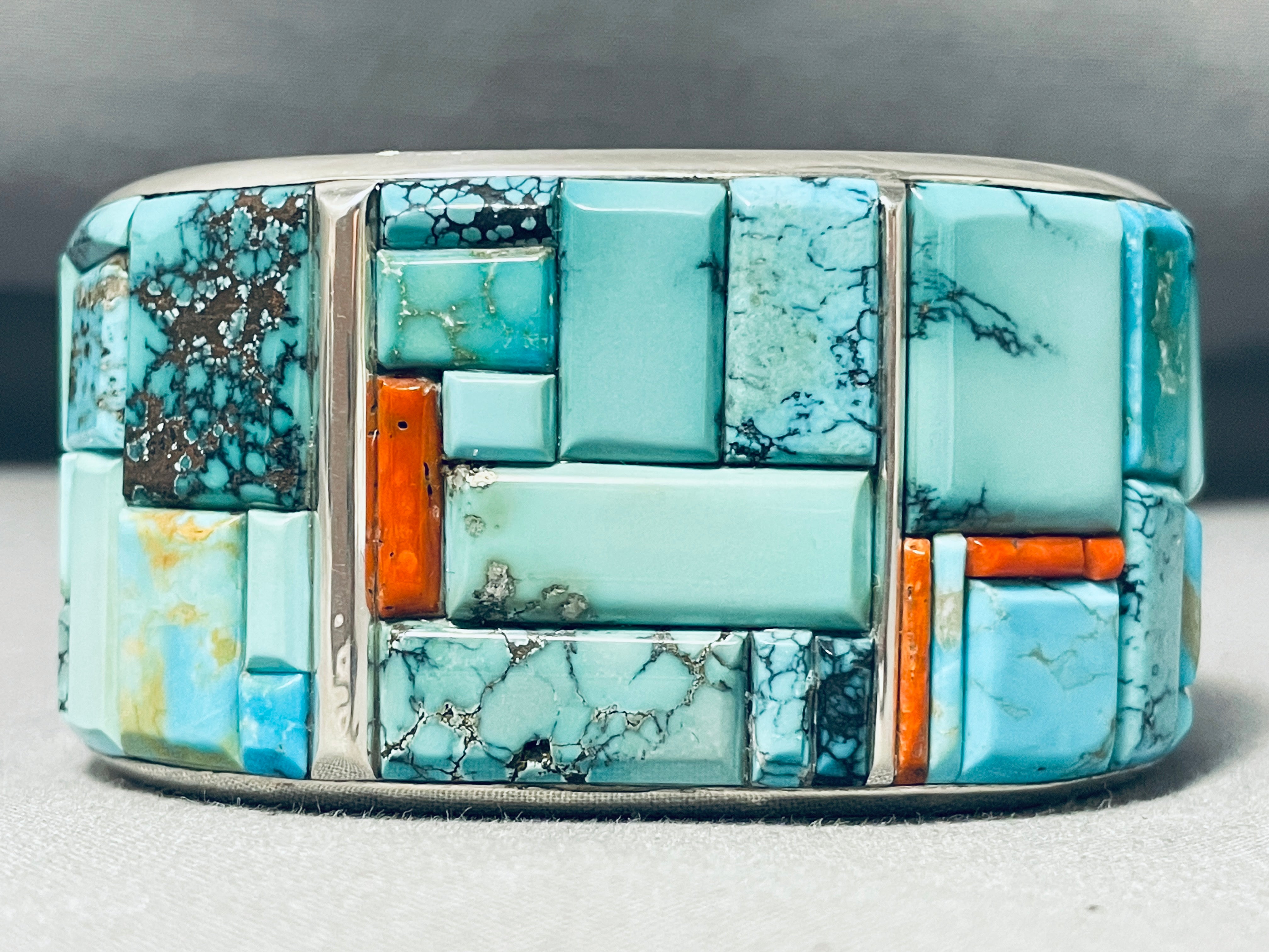 121 Gram Les James Turquoise Inlay Native American Navajo Sterling Silver Bracelet - Handmade Southwest Jewelry for Women, Boho Chic Accessories for Casual & Formal Occasions