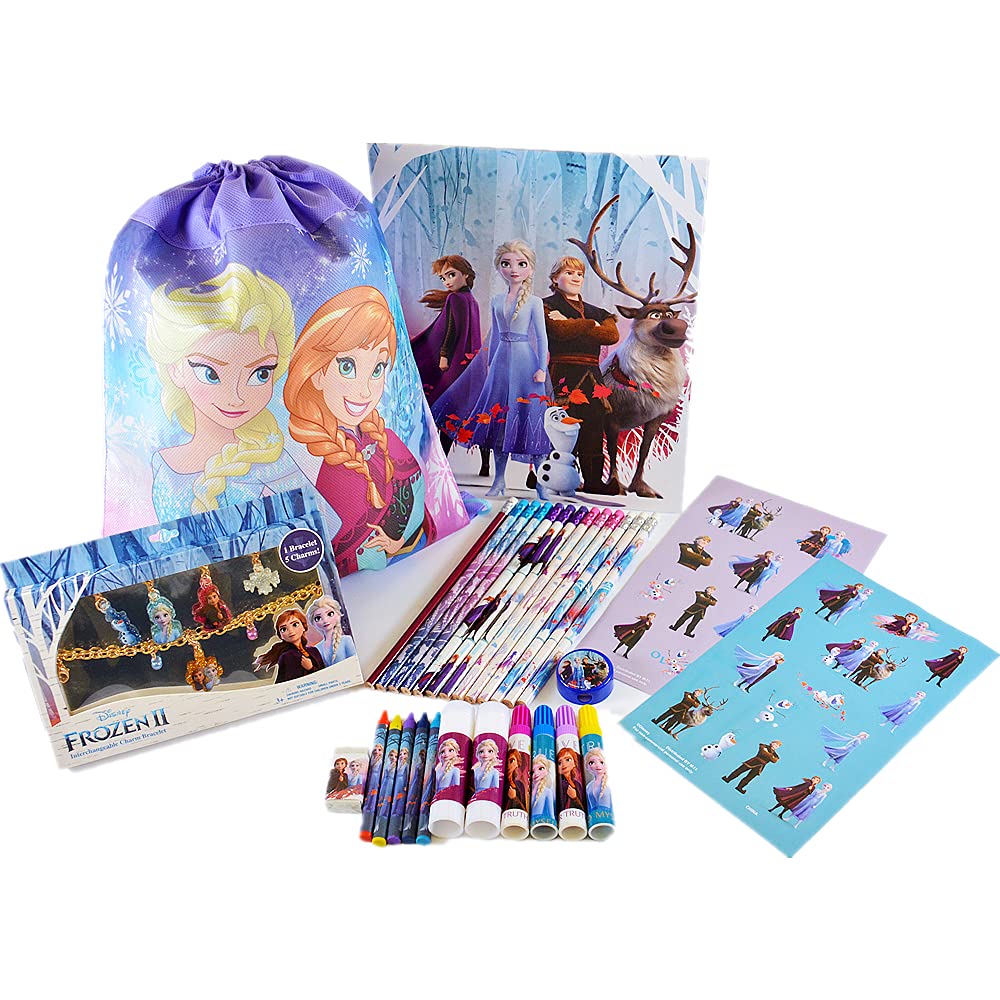 Frozen 2 Anna Elsa Sling Bag with 30-Piece Stationery Set & Charm Bracelet - Drawstring Backpack for Kids with Notepad, Stickers, Markers, Crayons, Glue Sticks - Perfect for School, Birthday Gifts & Disney Themed Parties