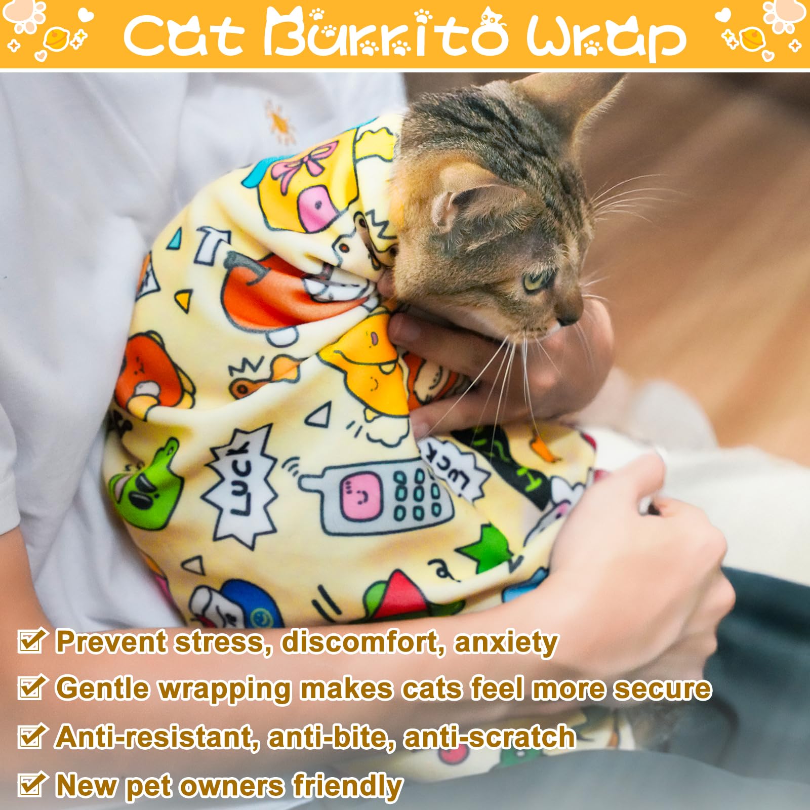 AIERSA Self-Adhesive Cat Grooming Wrap for Nail Trimming & Pet Care - Soft Fabric Cat Restraint Swaddle for Stress-Free Nail Clipping, Bathing & Vet Visits - Essential Cat Grooming Supplies for Anxious Kittens