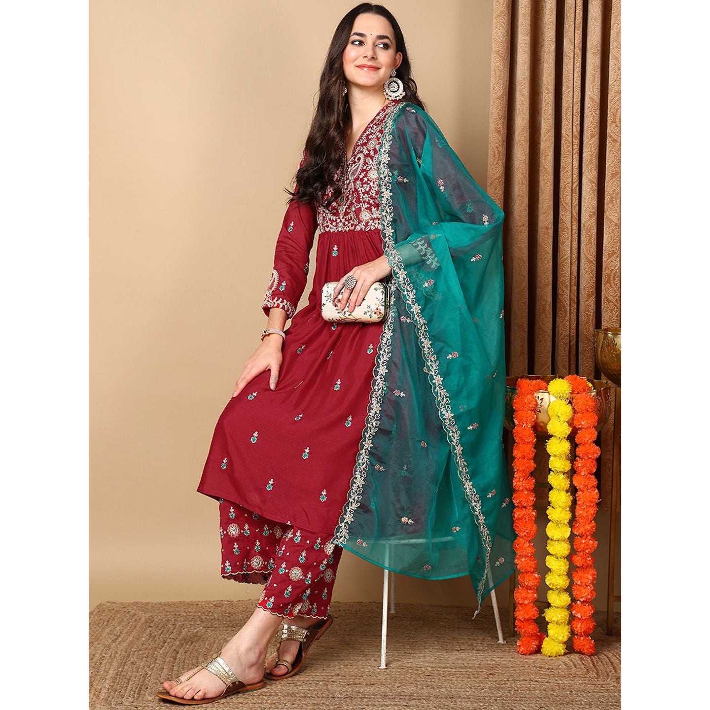 Elegant Red Silk Blend Flared Kurta Set for Women - Stylish Indian Ethnic Outfit for Festivals, Weddings & Parties