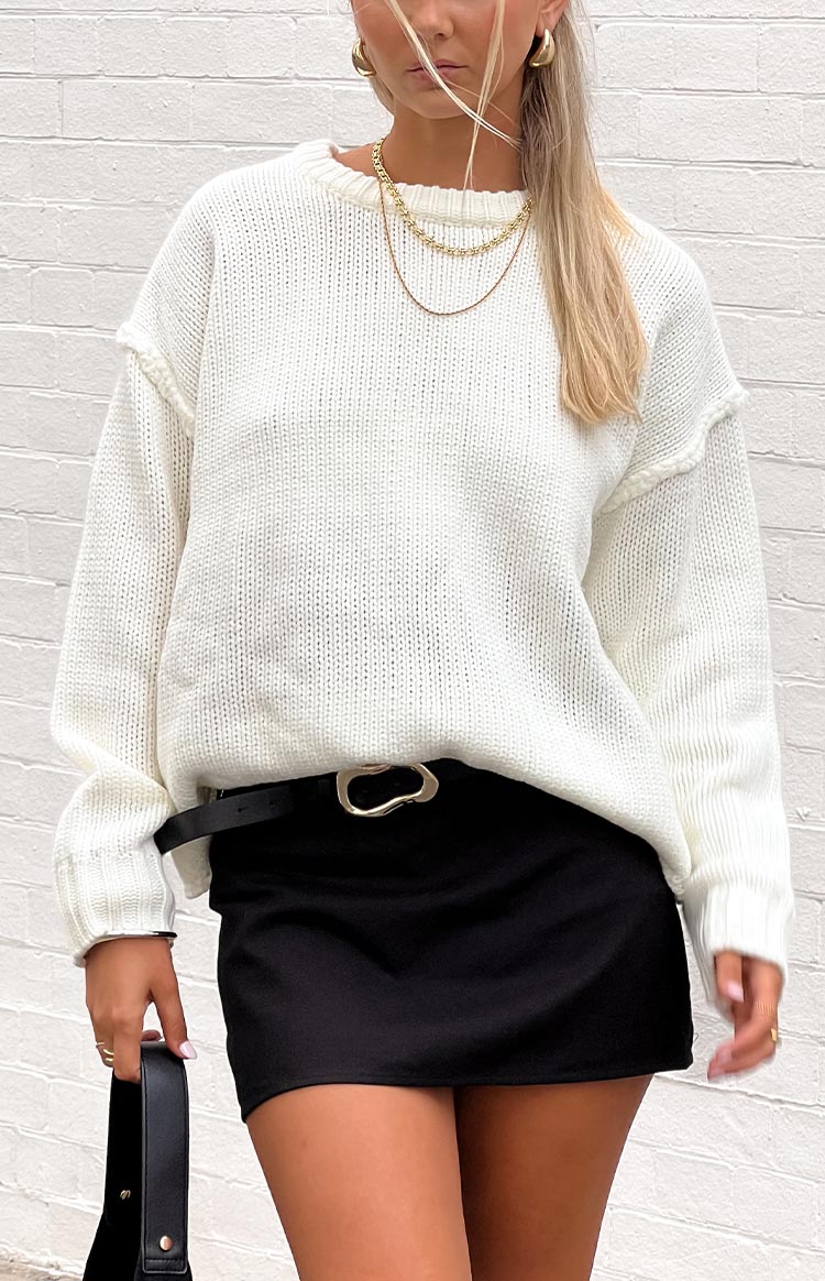 Edwina Cream Raw Edge Knit Sweater for Women - Soft Chunky Oversized Pullover for Fall & Winter - Cozy Casual Wear for Outfits, Dates, and Office