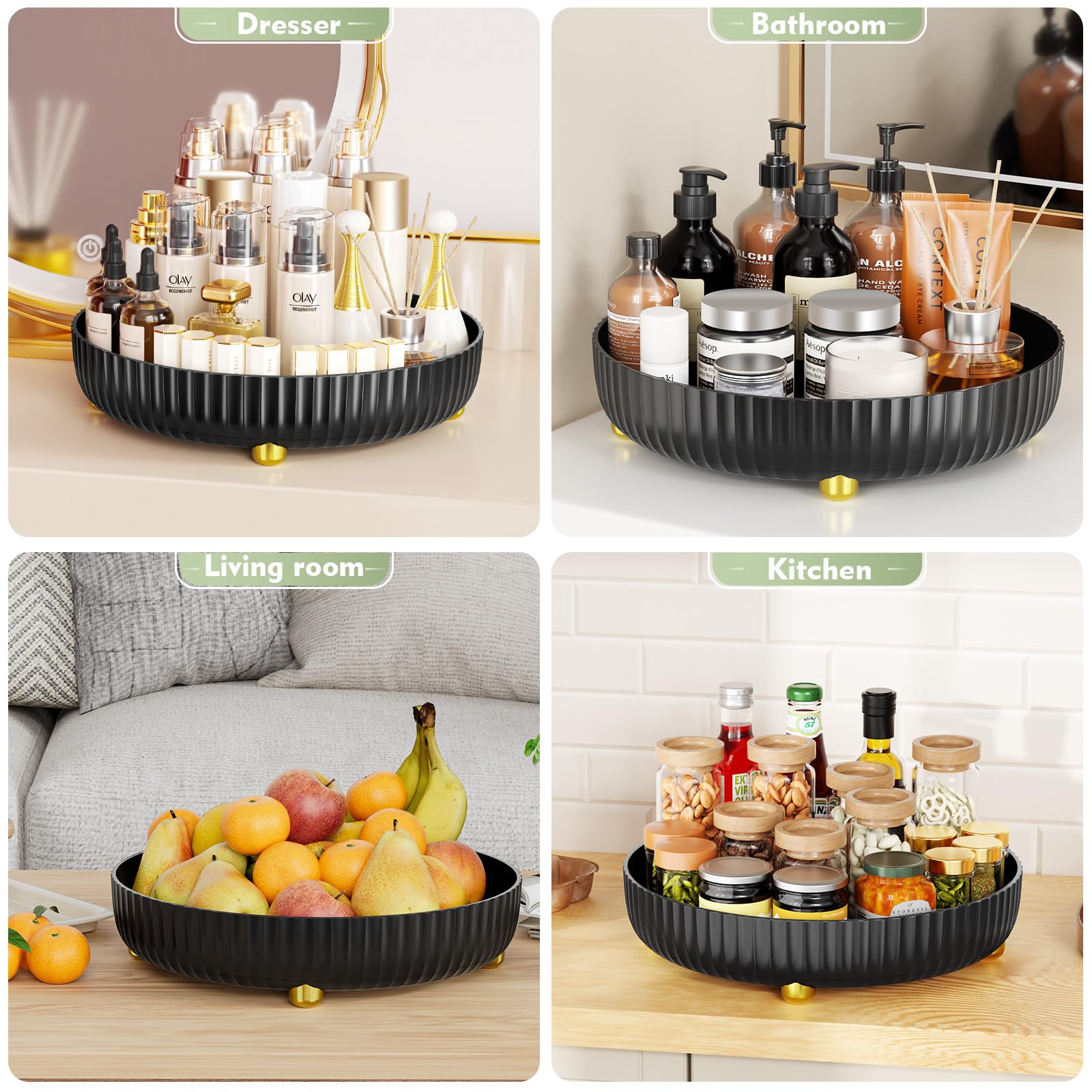360° Rotating Makeup Organizer Tray - Large Black Lazy Susan for Bathroom & Vanity | Perfect for Storing Perfumes, Skincare Products, Cosmetics & Toiletries | Space-Saving Storage Solution for Countertops, Dressers & Beauty Stations