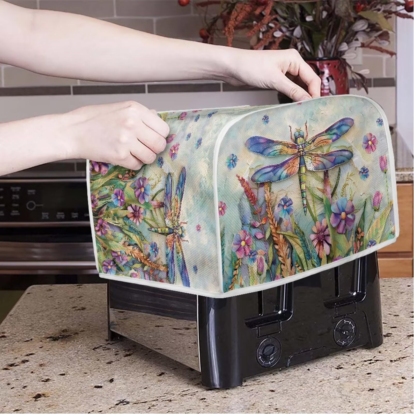 Dragonfly Daisy Print 4-Slice Toaster Cover - Dust Protection Washable Kitchen Appliance Cover with Handle for Bread Maker & Toaster Oven - Perfect for Kitchen Countertop Organization & Small Appliance Protection