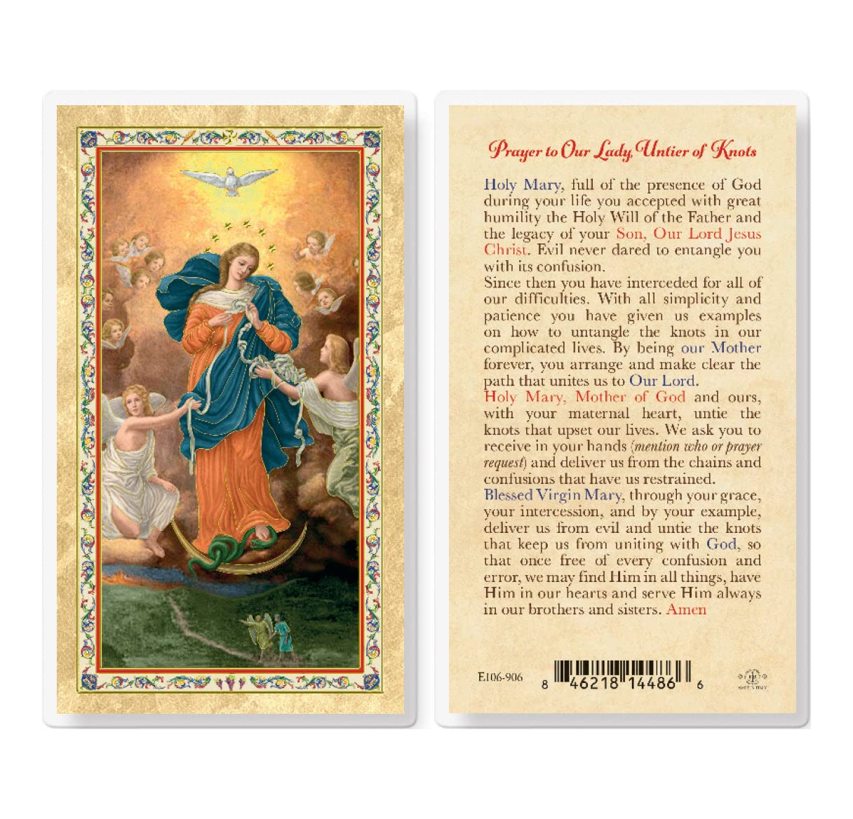 Our Lady Untier of Knots Gold-Stamped Laminated Catholic Prayer Cards - Pack of 25 with Prayer on Back - Perfect for Devotions, Gifts & Religious Events