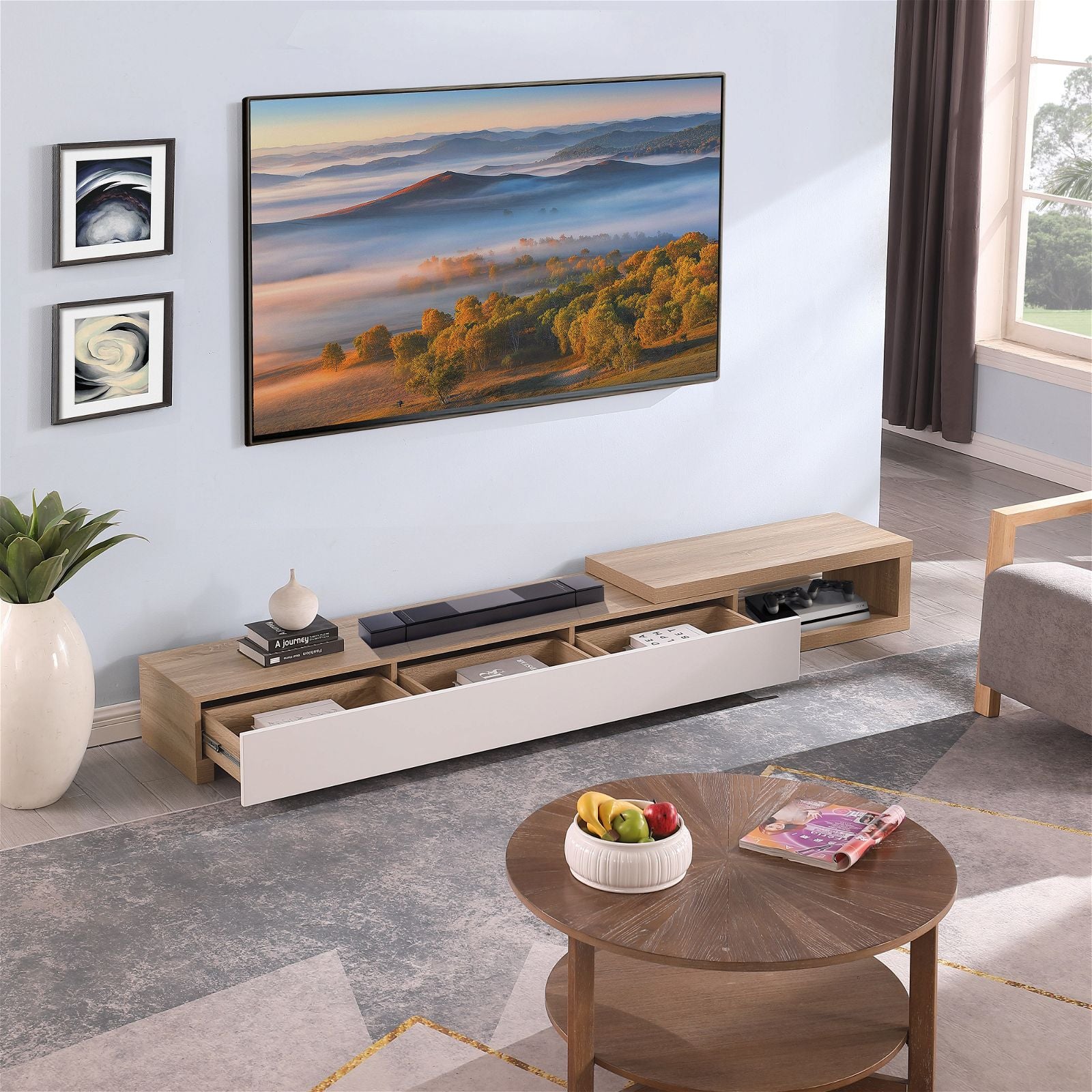 Criterion Durham Extendable TV Stand 260cm - Lowline Oak Wood Media Console for Living Room, Bedroom & Home Theater