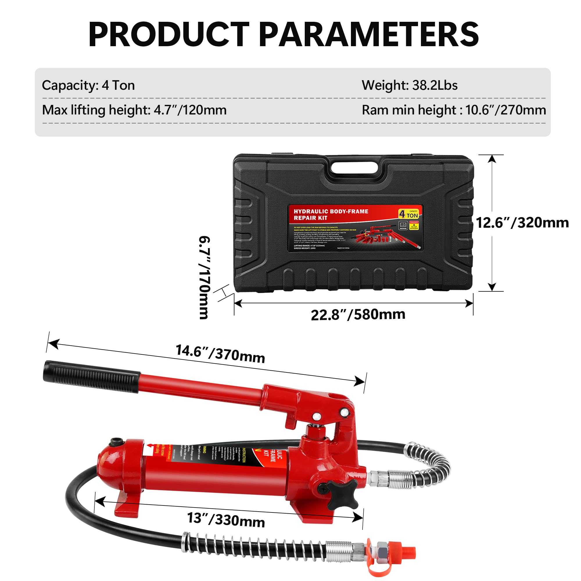 Heavy Duty Porta Power Kit - 20 Ton Hydraulic Ram with Pump & Accessories for Auto Repair, Construction & Industrial Use