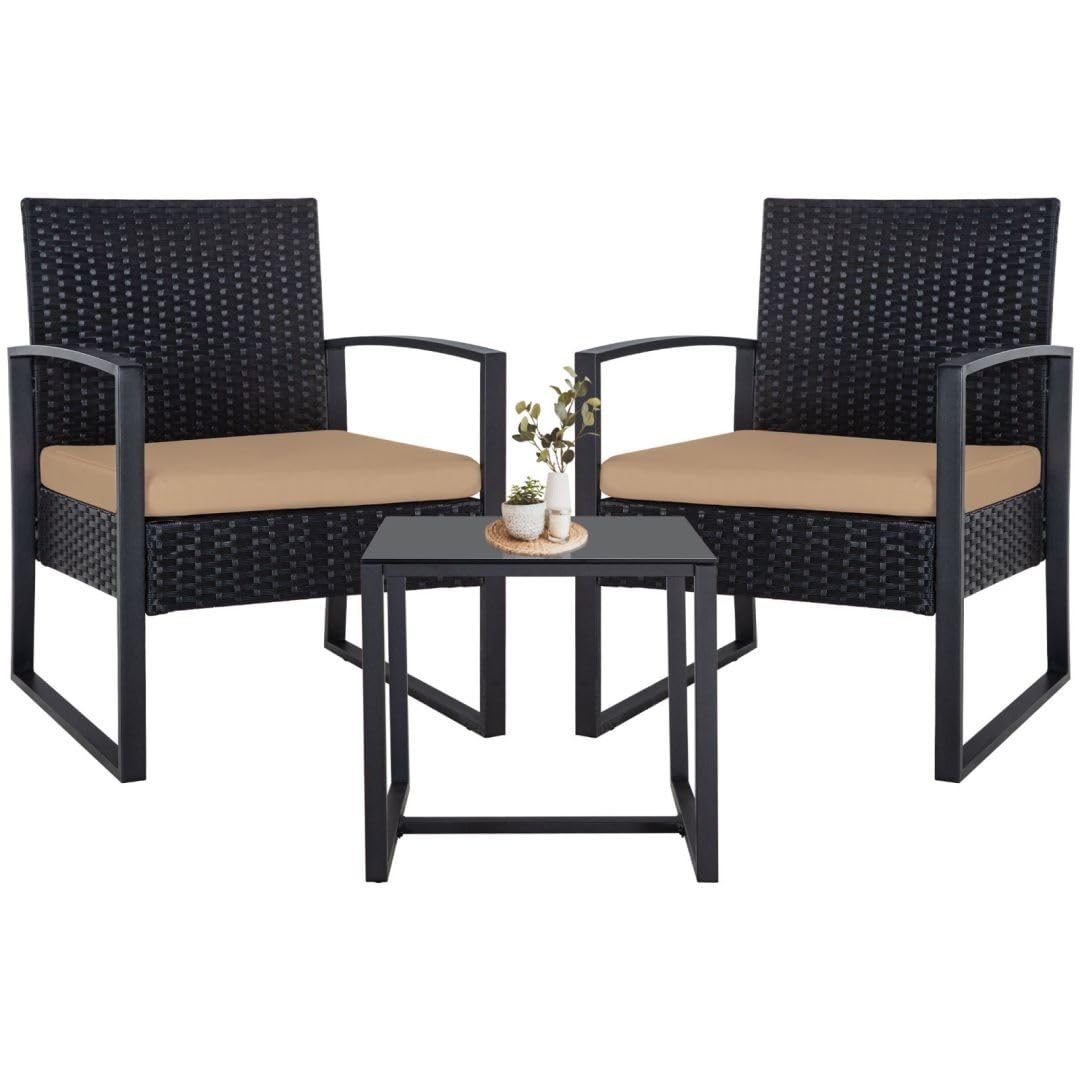3-Piece Outdoor Patio Furniture Set - Black Wicker Bistro Set with 2 Chairs, 2 Cushions & Glass Coffee Table for Garden, Balcony, Backyard, Porch | Durable Weather-Resistant Wicker & Comfortable Brown Cushions | Perfect for Relaxing, Entertaining Guests or Enjoying Morning Coffee Outdoors