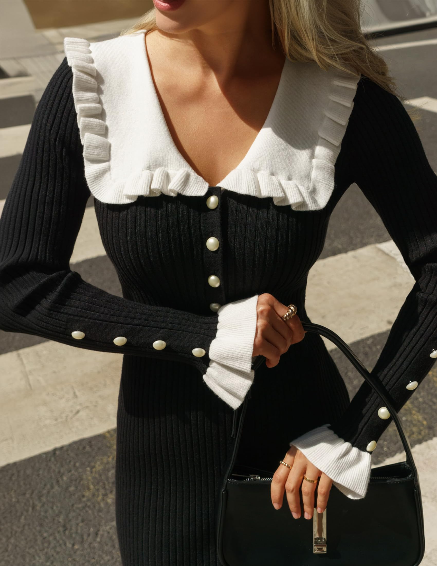 ZESICA Women's Long Sleeve Sweater Dress 2025 Spring Lapel Collar Button Elegant Casual Midi Bodycon Dresses for Work, Date Night & Fall Outfits
