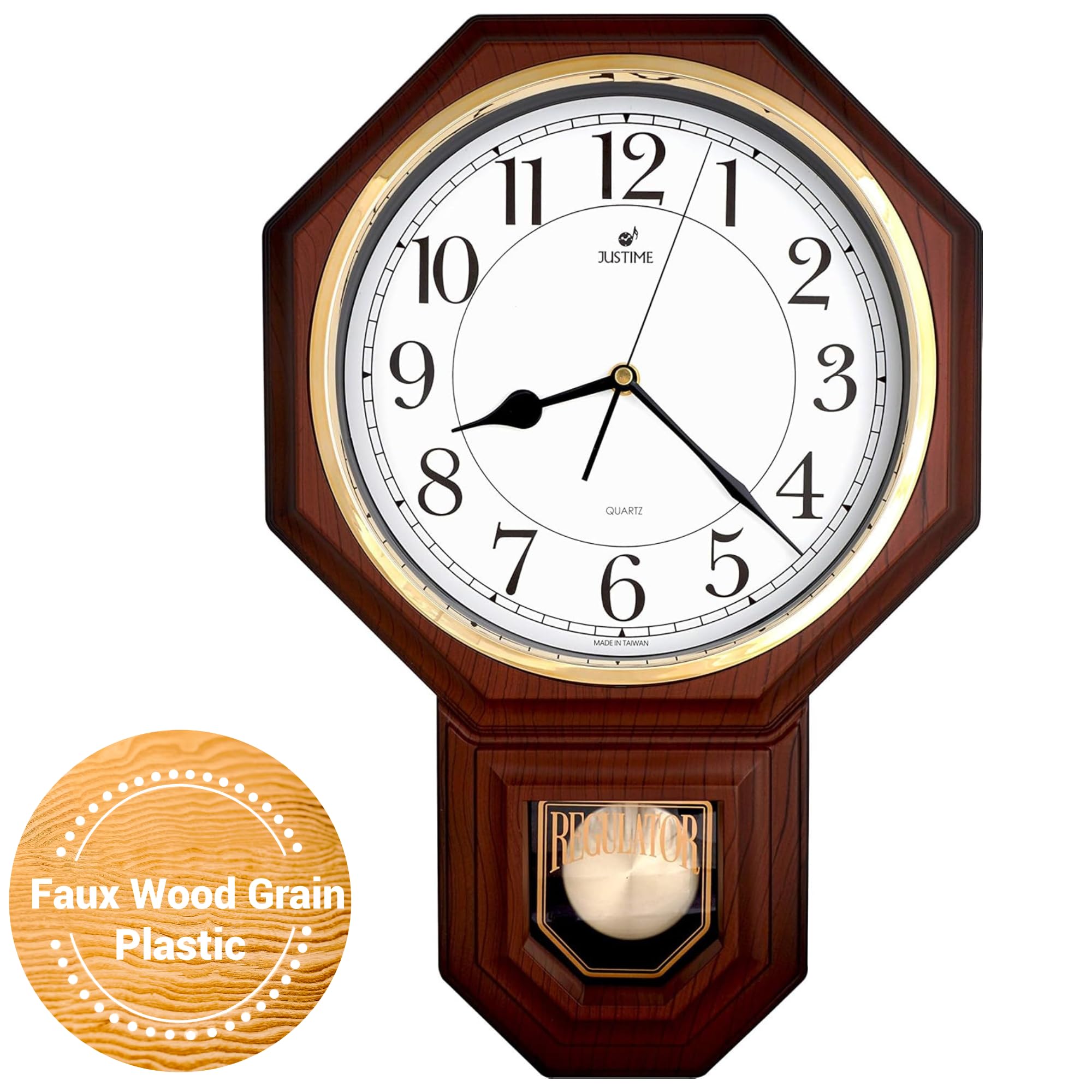JUSTIME Traditional Schoolhouse Wall Clock - Easy to Read Pendulum Clock with Westminster Chime, Hourly Chimes, Dark Wood Grain Finish (Batteries Included) - Perfect for Classrooms, Offices, and Home Decor