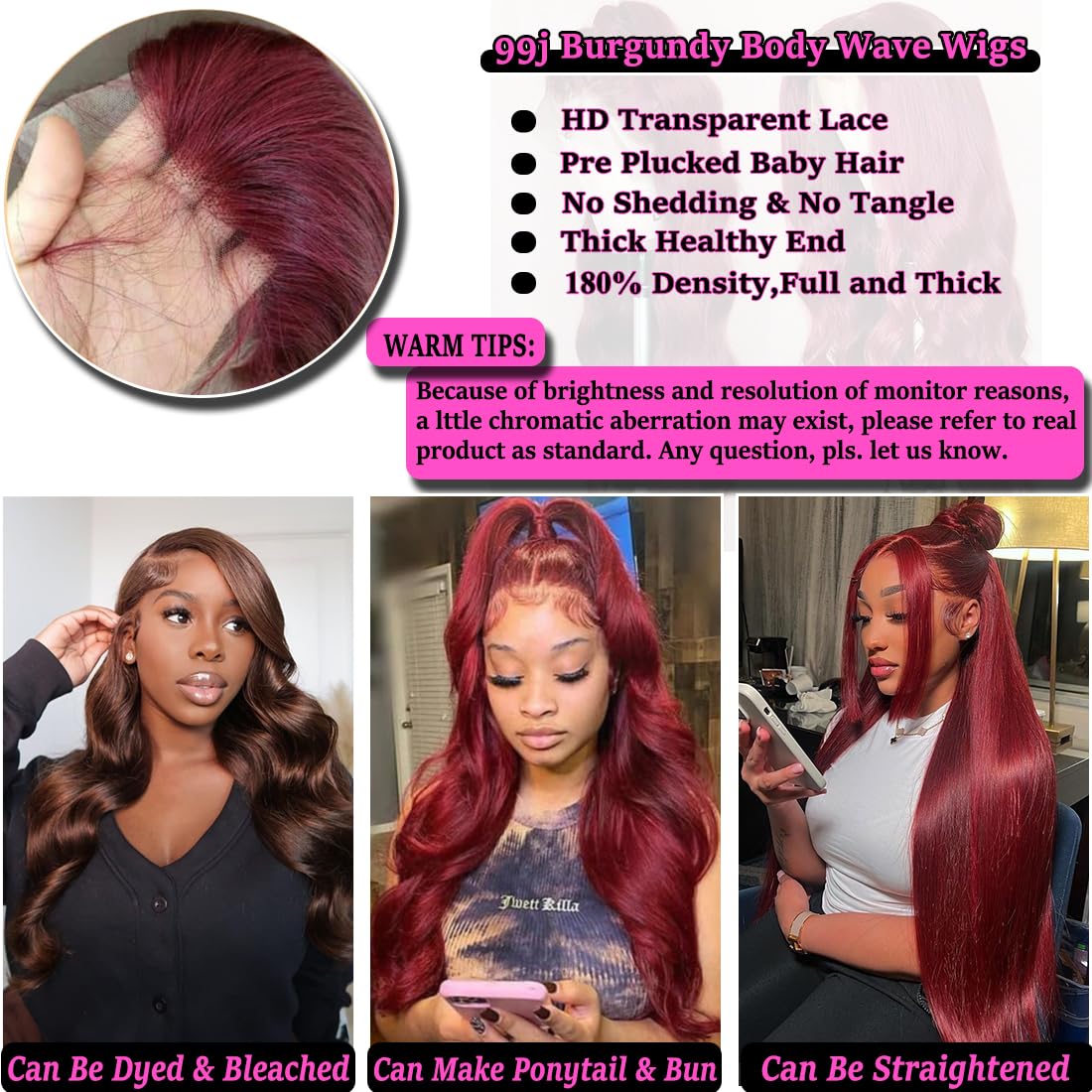 99j Burgundy 28 Inch 13x4 Lace Front Wigs Human Hair - Body Wave Pre Plucked 220% Density HD Transparent Red Wigs with Baby Hair for Women | Perfect for Cosplay, Weddings & Daily Wear