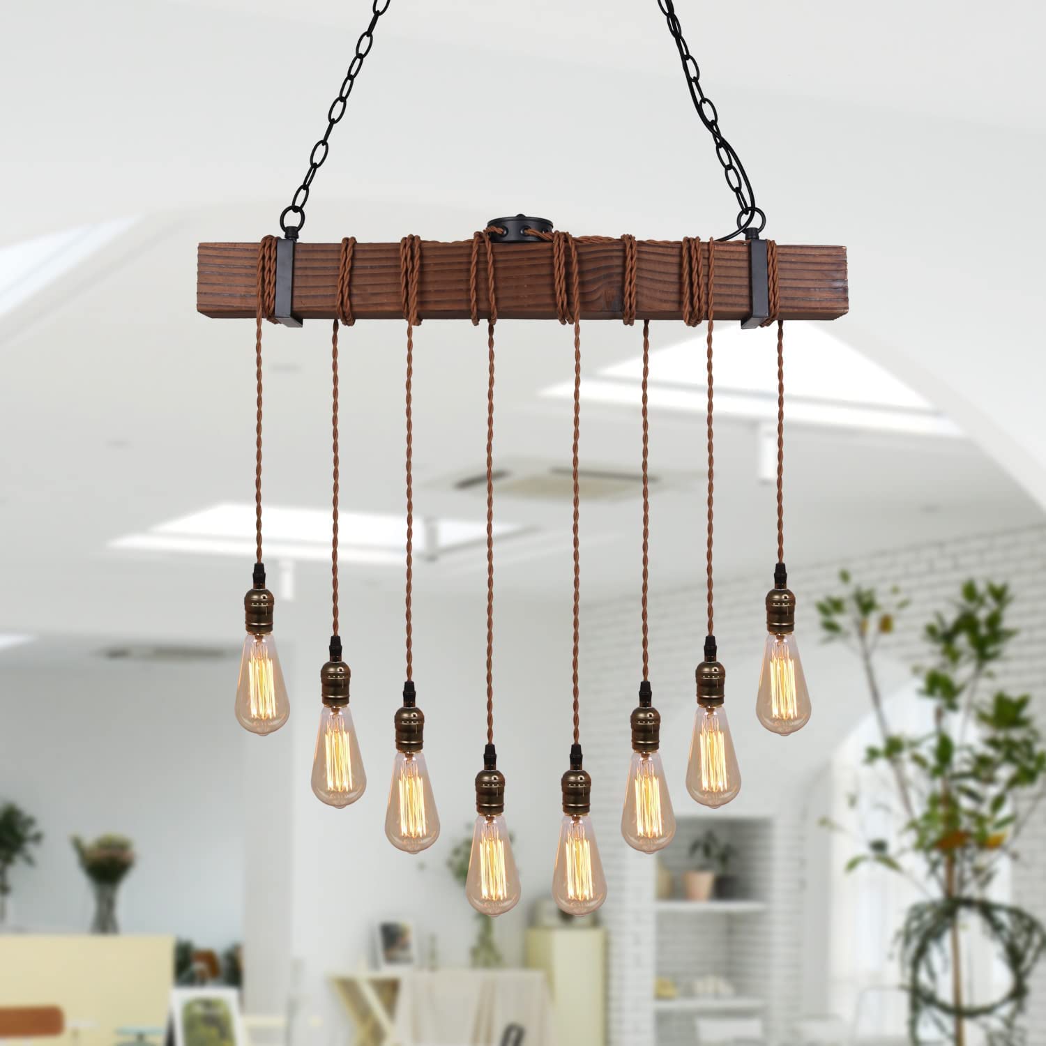 Farmhouse Pendant Lights for Kitchen Island - Rustic Dining Room Ceiling Light Fixture with 8 E26 Bulb Sockets - Black Metal & Wood Beam Hanging Lights - Perfect for Farmhouse, Industrial, and Modern Home Decor