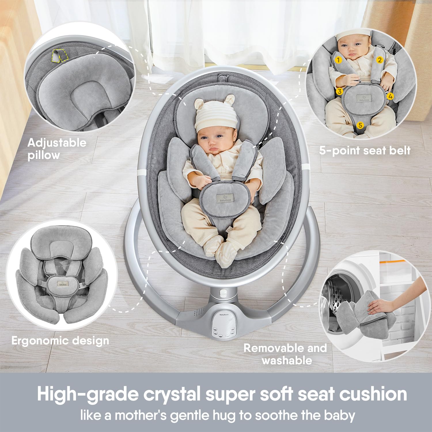 BabyBond Bluetooth Baby Swing for Infants - 10 Preset Lullabies, 5-Speed Adjustable Rocking, 5-Point Safety Harness & Remote Control - Portable Infant Swing for Nursery, Travel, Indoor & Outdoor Use (Aluminum Frame)