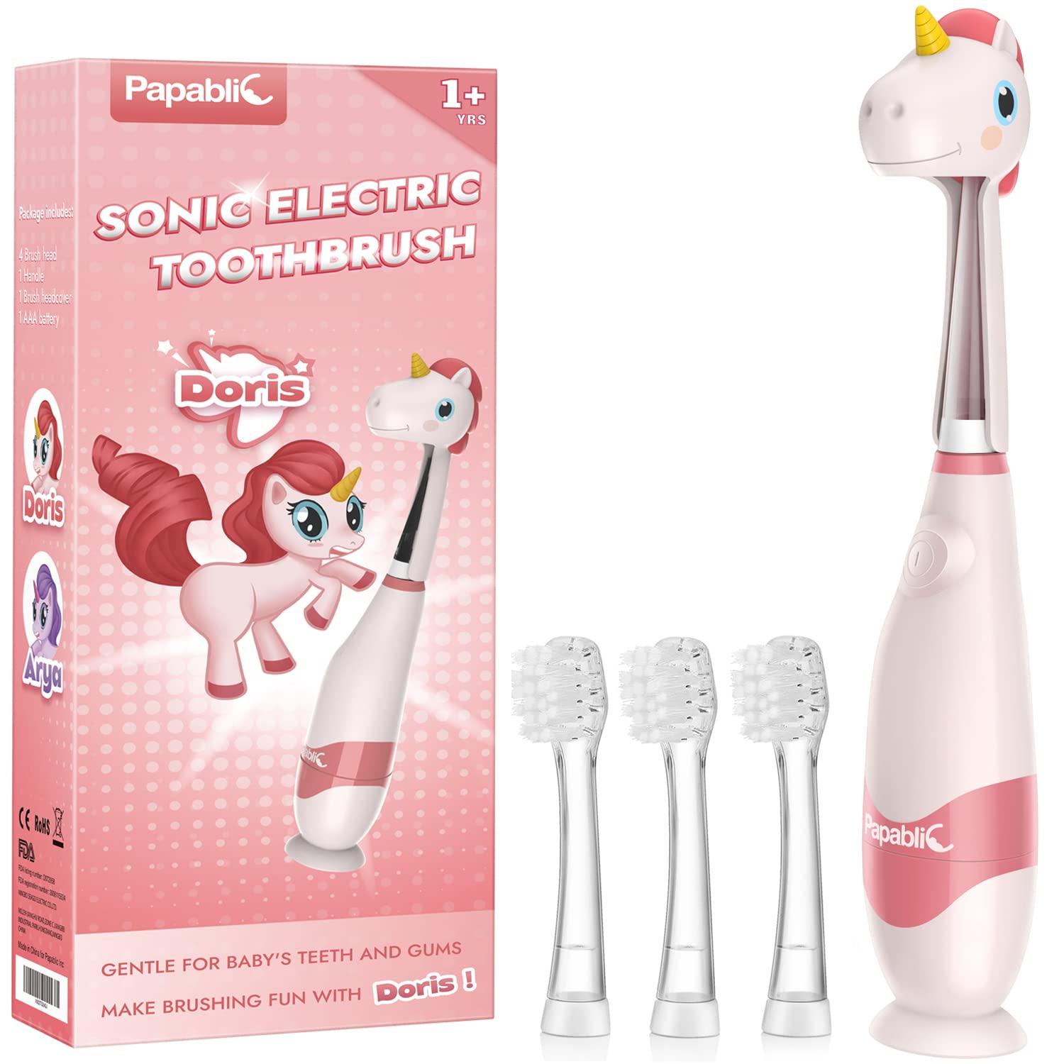 **Papablic Sonic Electric Toothbrush for Toddlers (Ages 1-3) – Kids Electric Toothbrush with Unicorn Cover, LED Timer & 4 Brush Heads – Gentle Cleaning for Baby Teeth – Perfect for Home & Travel Use**