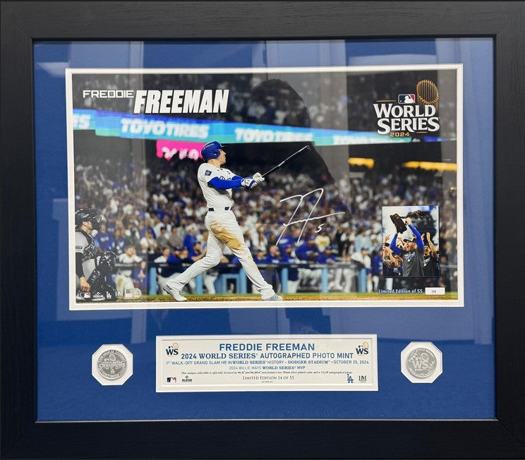 Freddie Freeman Autographed 2024 World Series Champions 11x14 Photo with Walk-Off Grand Slam & WS MVP Silver Coin - Limited Edition Collectible for Baseball Fans, Sports Memorabilia Display, Man Cave Decor